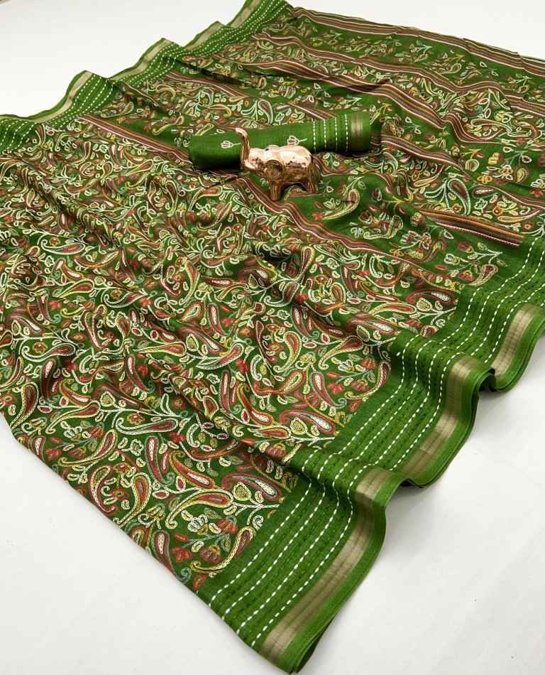 COTTON CRAPE 3D STYLE PRINT KATHA WORK WITH ZARI BORDER SAREE AT WHOLESALE PRICE