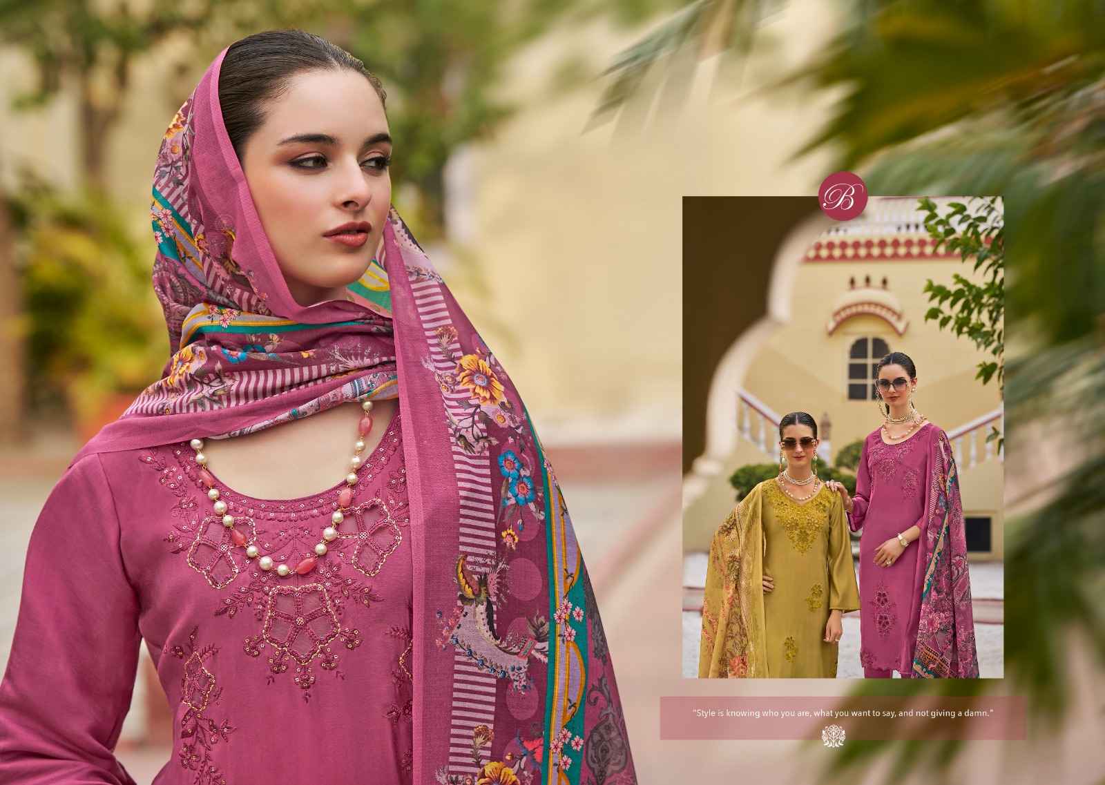 BELLIZA ZARA PURE ROMAN SILK WITH HEAVY EMBROIDERY WORK DRESS MATERIAL AT WHOLESALE PRICE