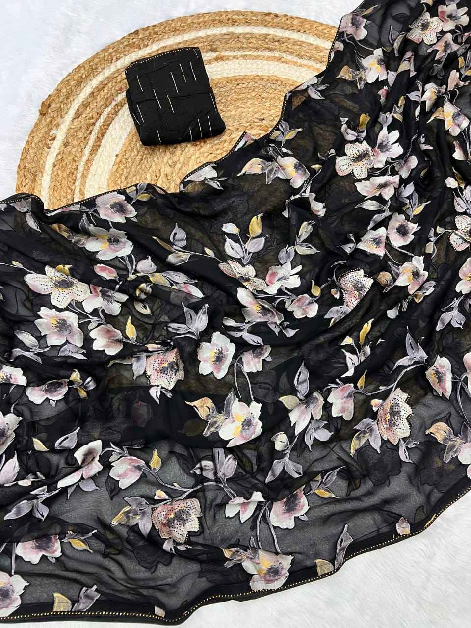 BRASOO FLOWER PRINTED WITH DIAMOND BORDER SAREE AT WHOLESALE PRICE