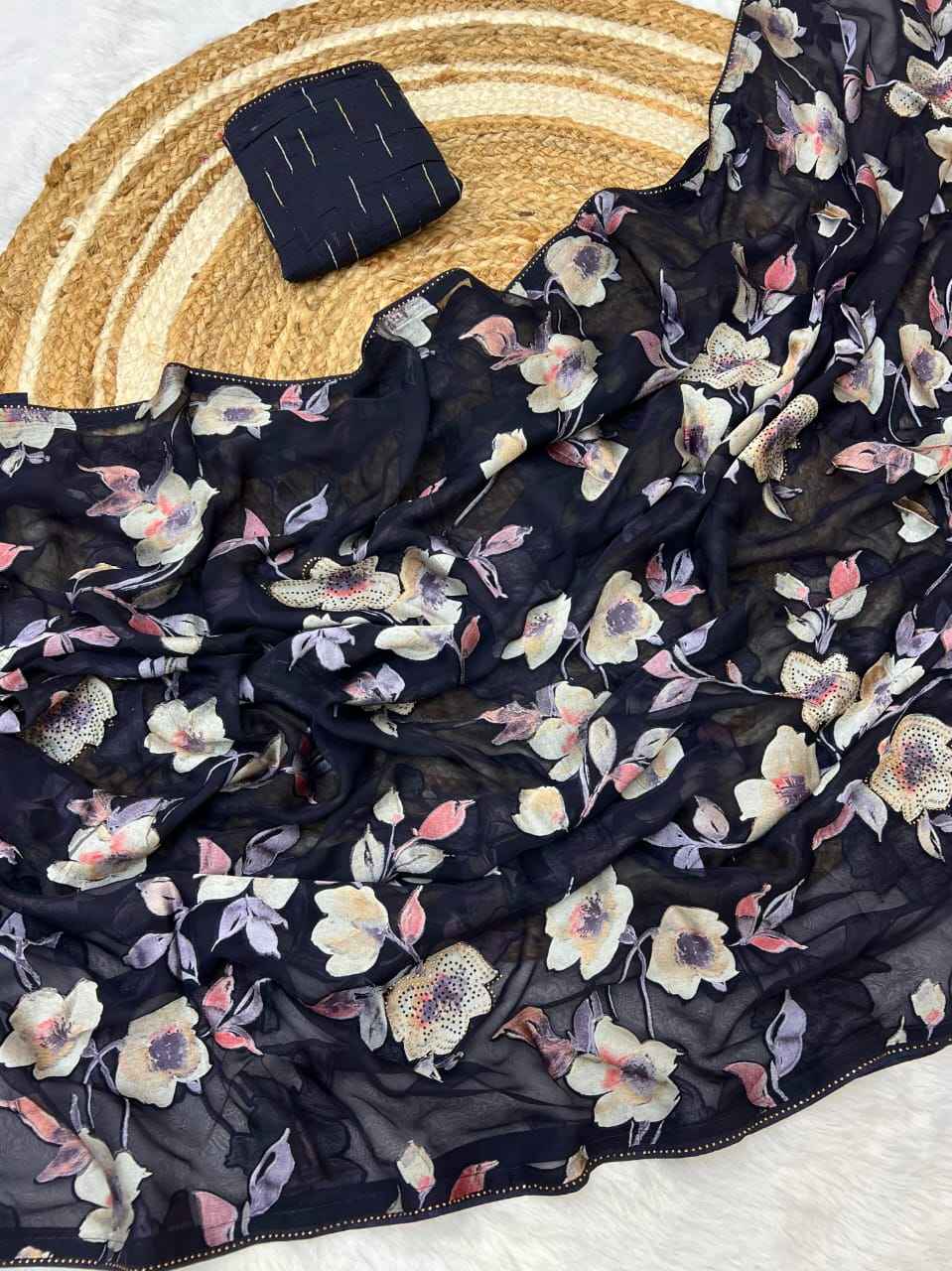 BRASOO FLOWER PRINTED WITH DIAMOND BORDER SAREE AT WHOLESALE PRICE