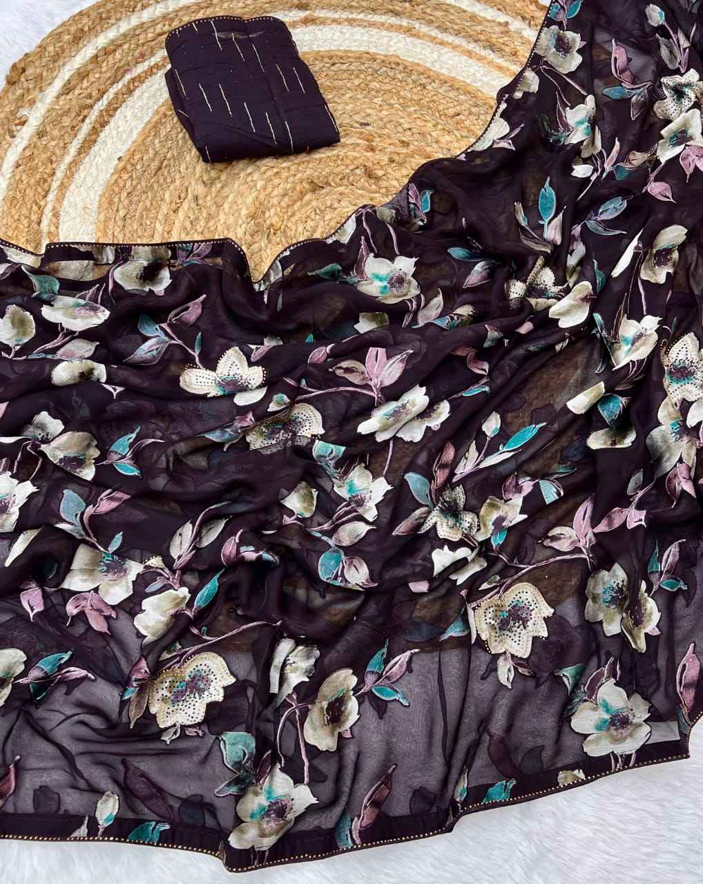 BRASOO FLOWER PRINTED WITH DIAMOND BORDER SAREE AT WHOLESALE PRICE