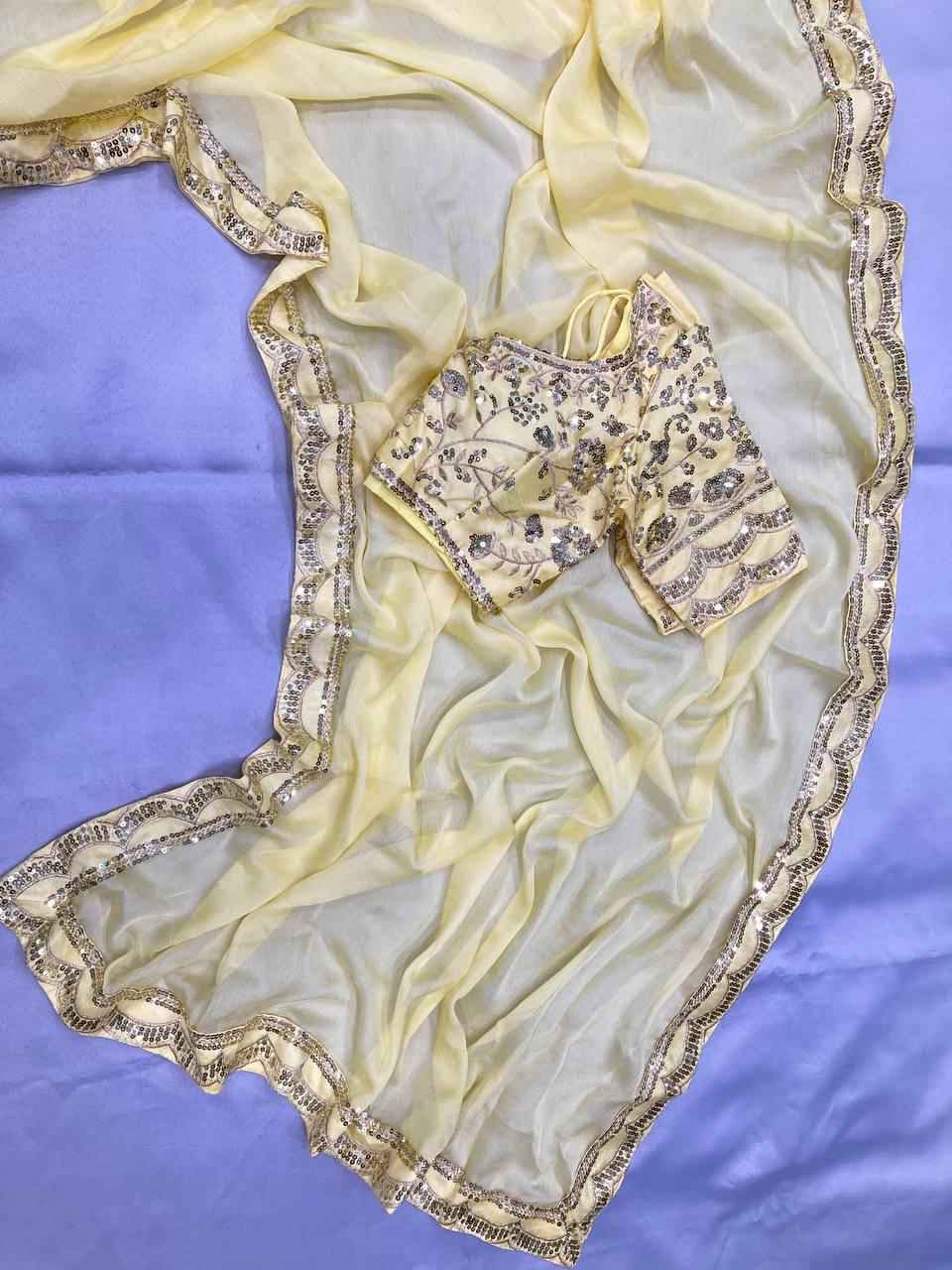 CHIFFON EMBROIDERY WORK WITH SEQUINS WORK LACE BORDER SAREE AT WHOLESALE PRICE