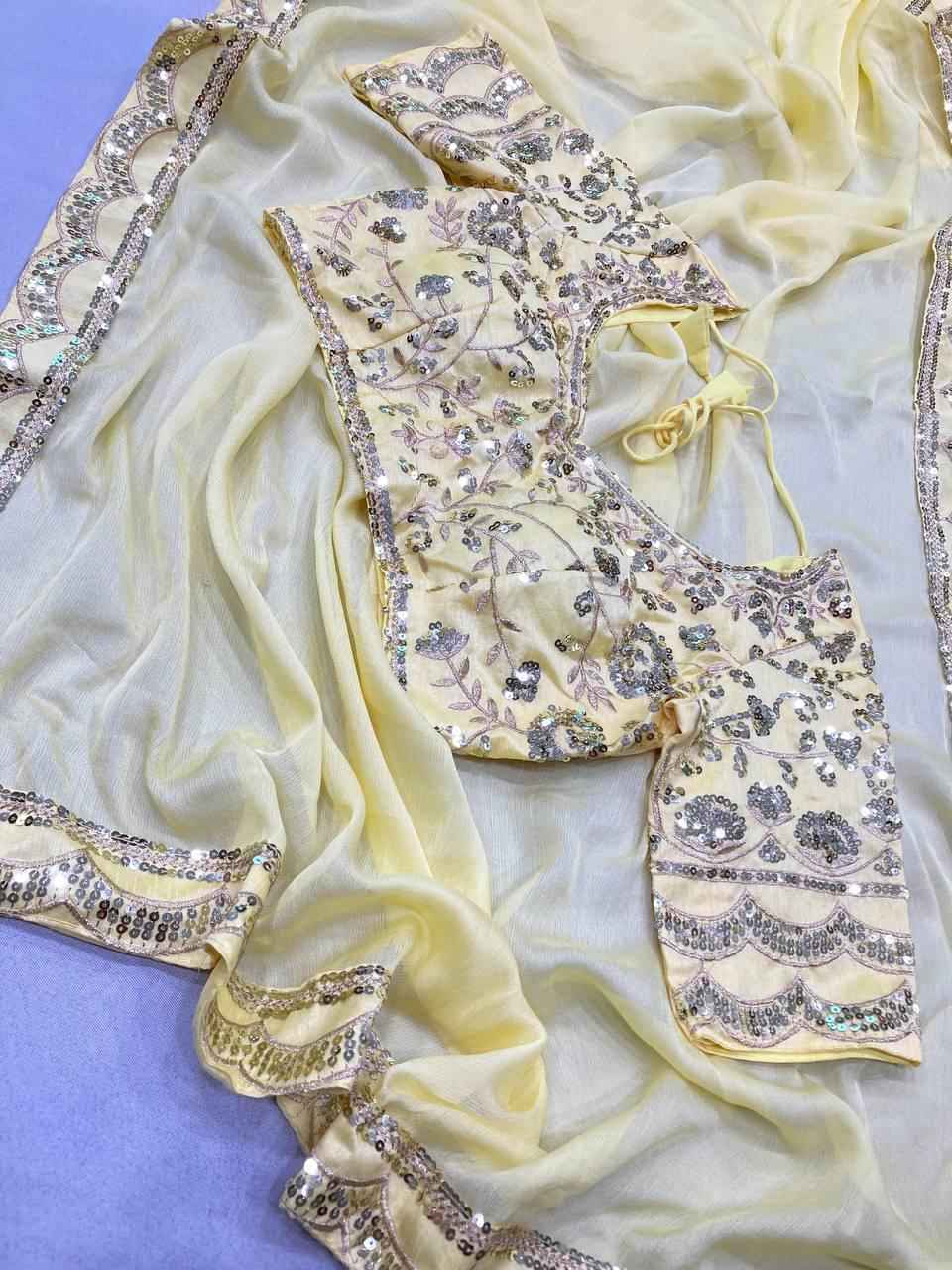 CHIFFON EMBROIDERY WORK WITH SEQUINS WORK LACE BORDER SAREE AT WHOLESALE PRICE