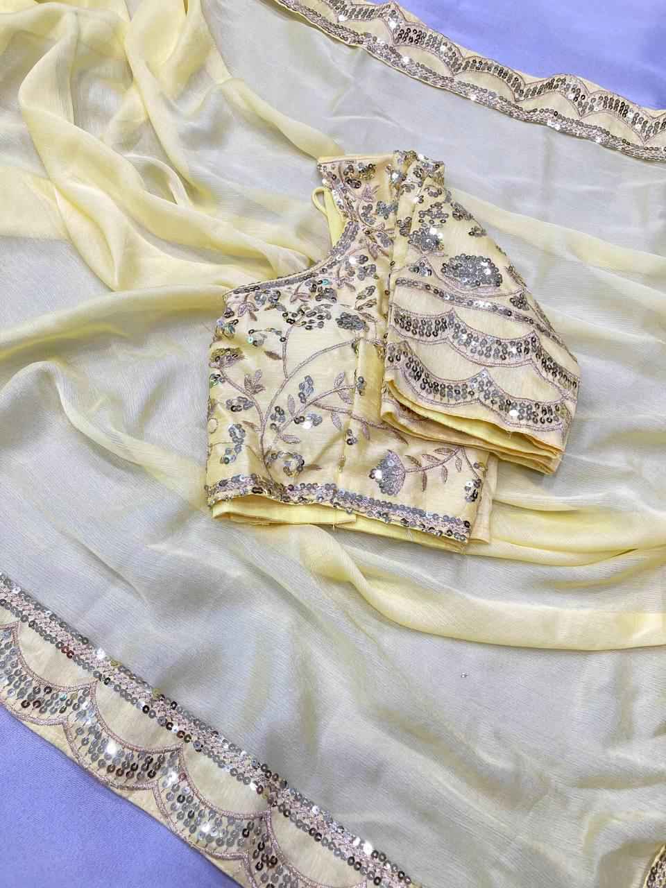 CHIFFON EMBROIDERY WORK WITH SEQUINS WORK LACE BORDER SAREE AT WHOLESALE PRICE
