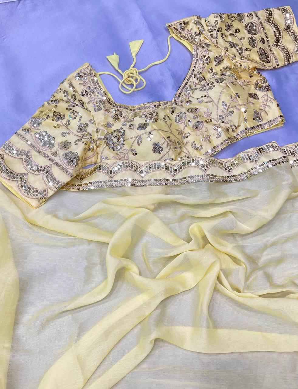 CHIFFON EMBROIDERY WORK WITH SEQUINS WORK LACE BORDER SAREE AT WHOLESALE PRICE