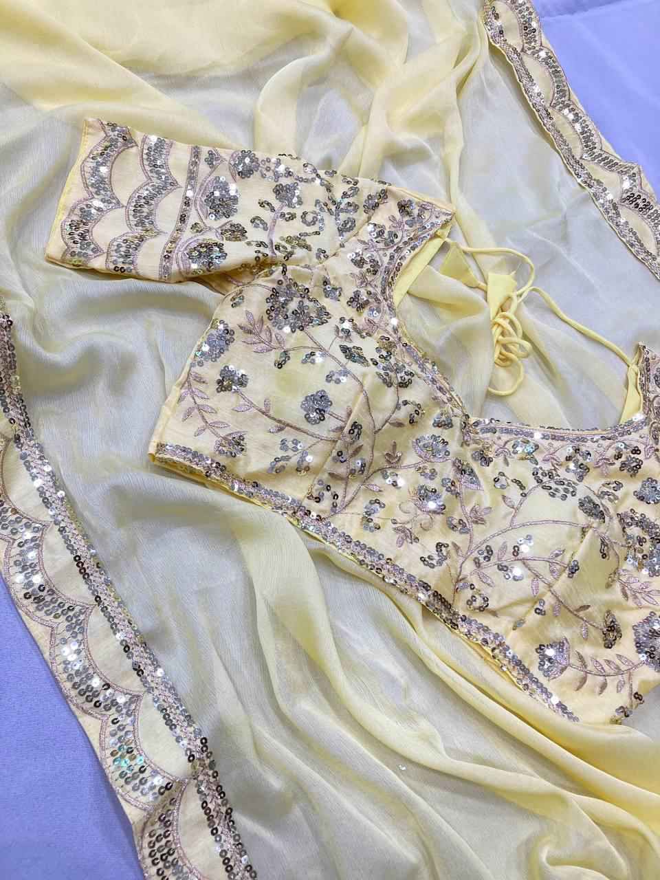 CHIFFON EMBROIDERY WORK WITH SEQUINS WORK LACE BORDER SAREE AT WHOLESALE PRICE