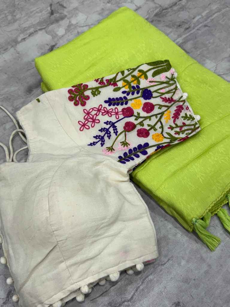 CHIFFON SILK JAAL WEAVING SAREE WITH STITCHED EMBROIDERY WORK BLOUSE AT WHOLESALE PRICE