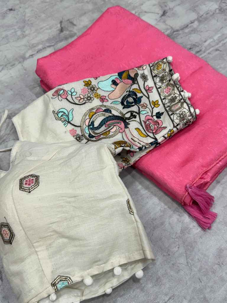 CHIFFON SILK JAAL WEAVING SAREE WITH STITCHED EMBROIDERY WORK BLOUSE AT WHOLESALE PRICE