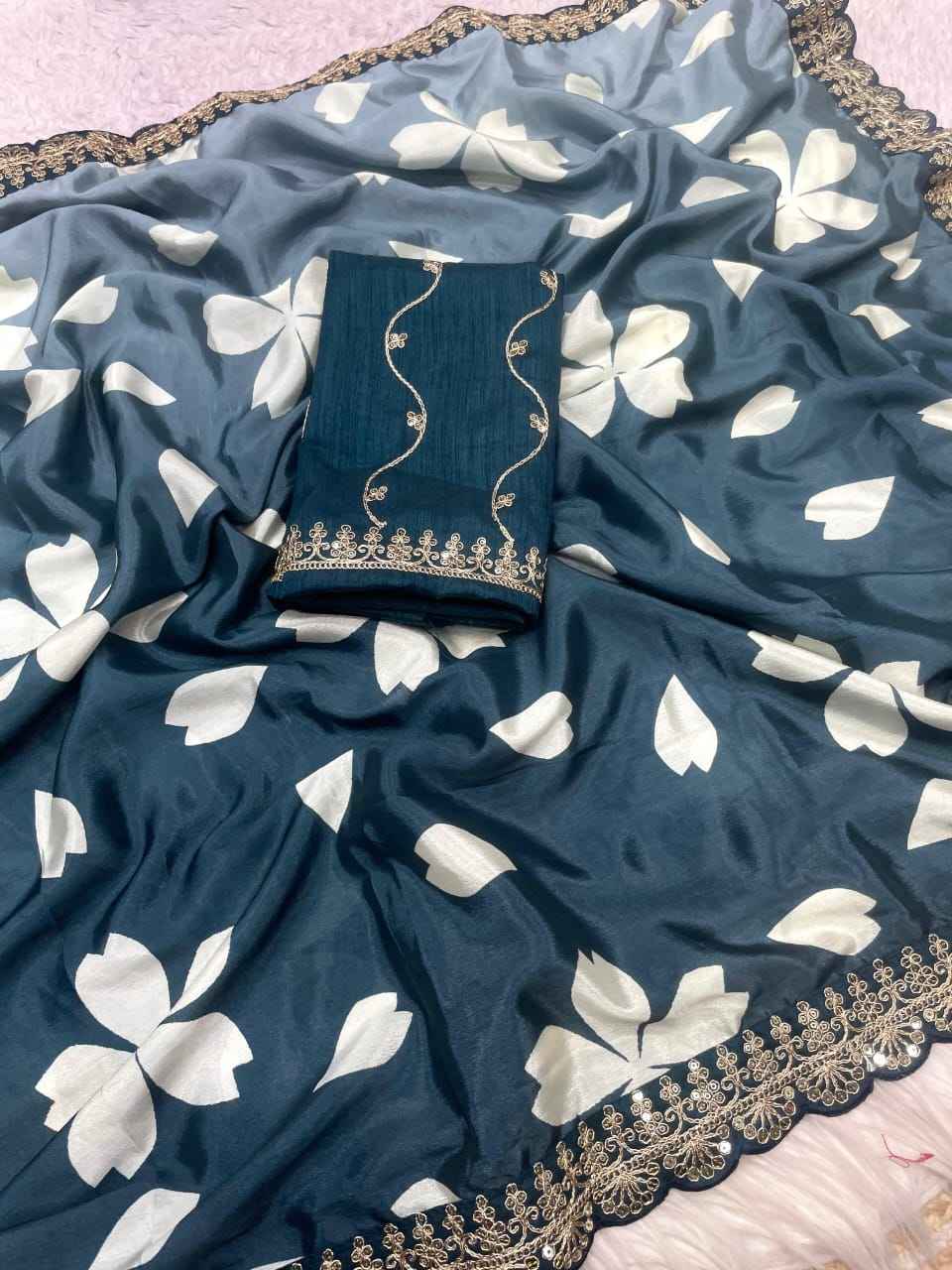 CHINON DIGITAL PRINT WITH HEAVY LACE WORK SAREE AT WHOLESALE PRICE
