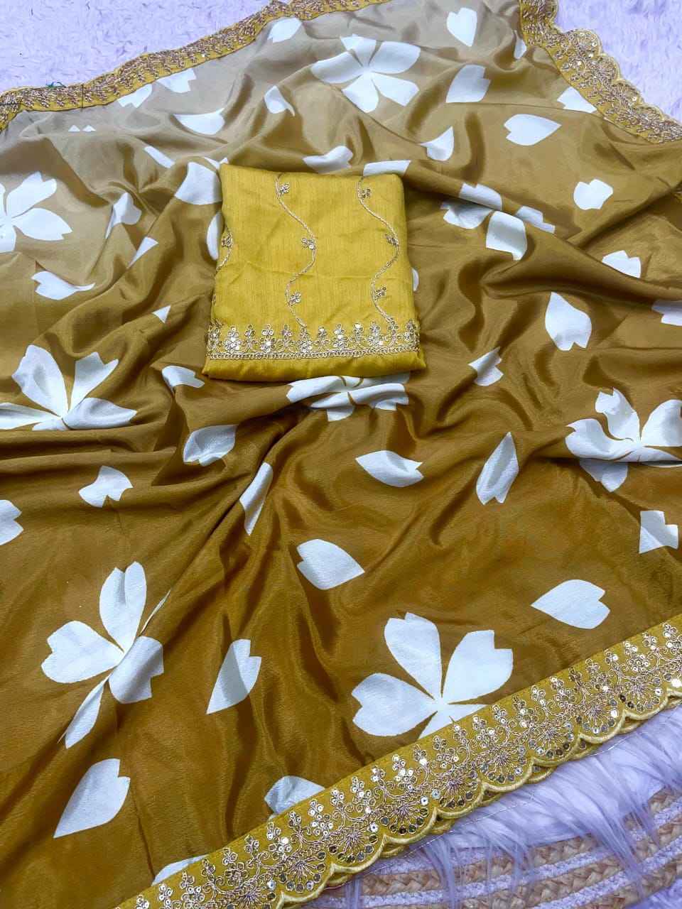CHINON DIGITAL PRINT WITH HEAVY LACE WORK SAREE AT WHOLESALE PRICE