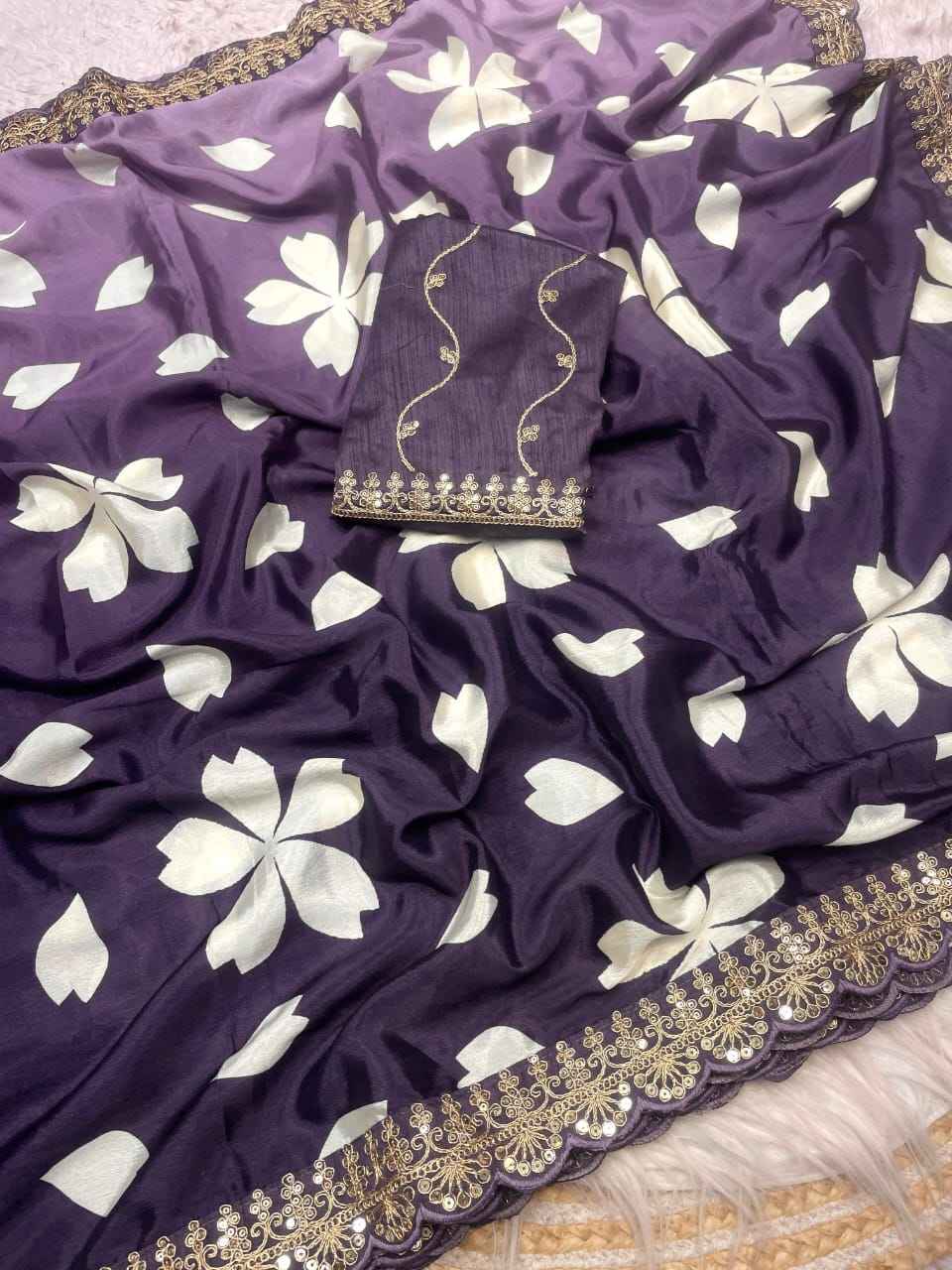 CHINON DIGITAL PRINT WITH HEAVY LACE WORK SAREE AT WHOLESALE PRICE