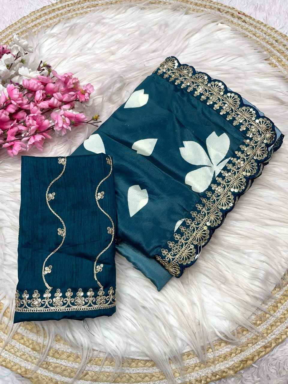CHINON DIGITAL PRINT WITH HEAVY LACE WORK SAREE AT WHOLESALE PRICE