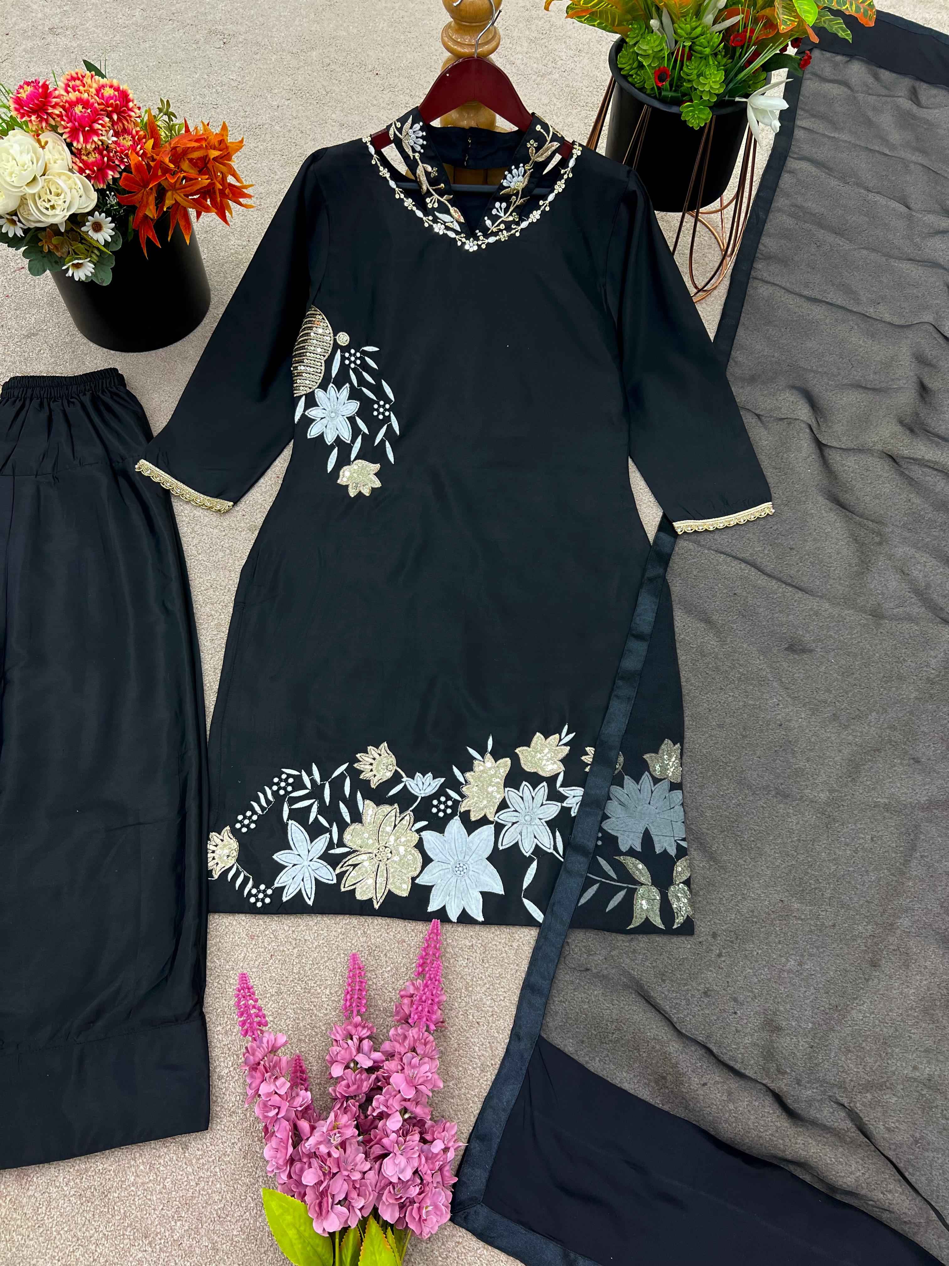 CREP SILK WITH EMBRODARY SIQUANCE WORK TOP BOTTOM AND DUPATTA SET AT WHOLESALE PRICE