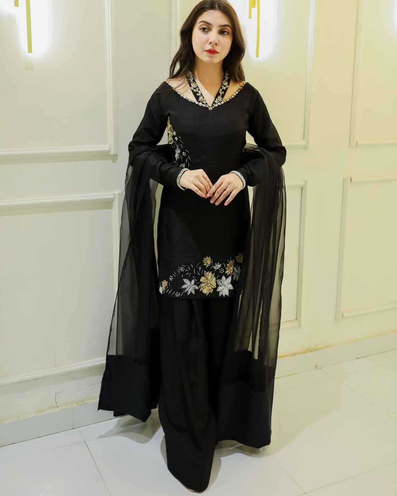 CREP SILK WITH EMBRODARY SIQUANCE WORK TOP BOTTOM AND DUPATTA SET AT WHOLESALE PRICE