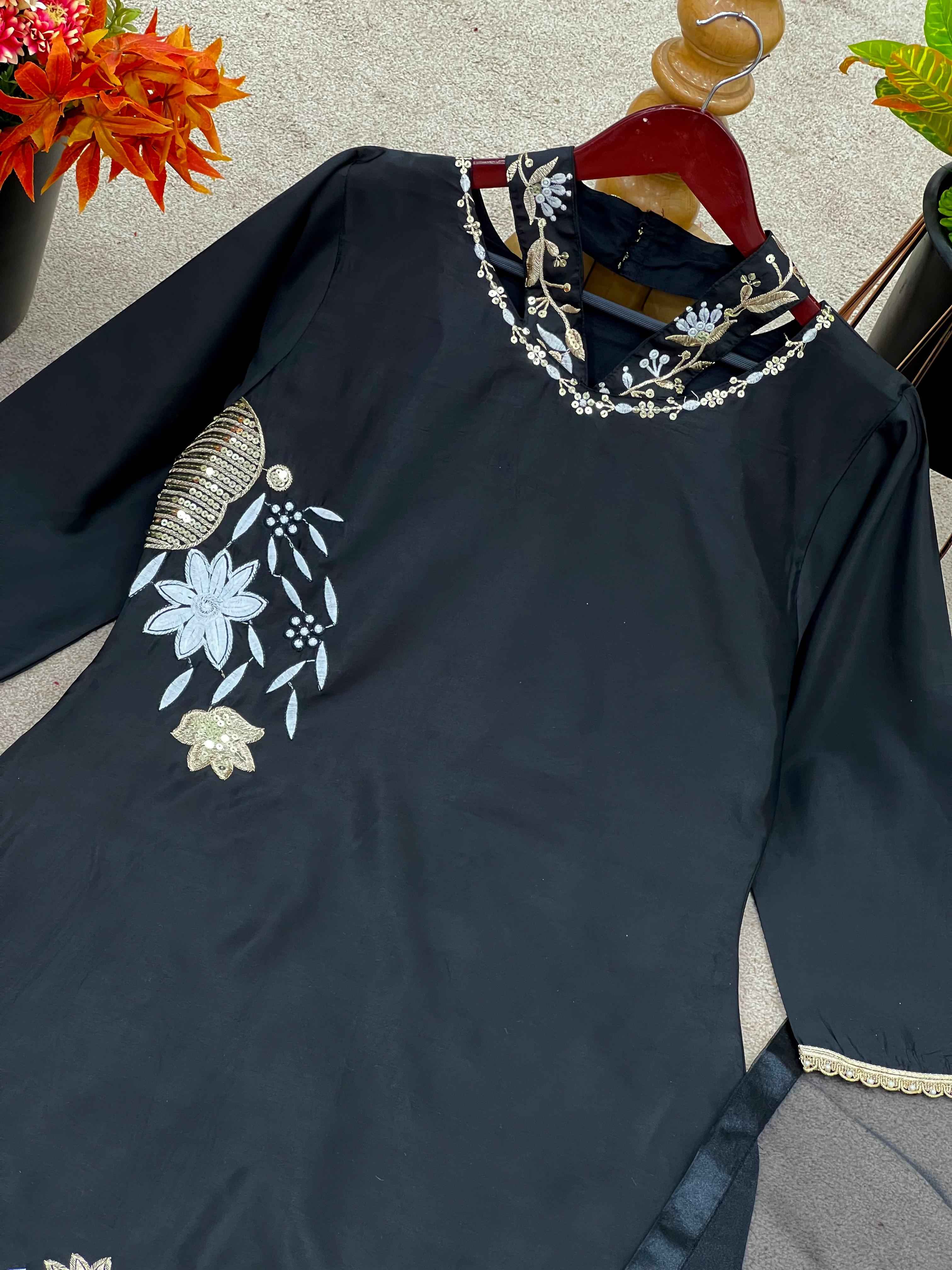 CREP SILK WITH EMBRODARY SIQUANCE WORK TOP BOTTOM AND DUPATTA SET AT WHOLESALE PRICE