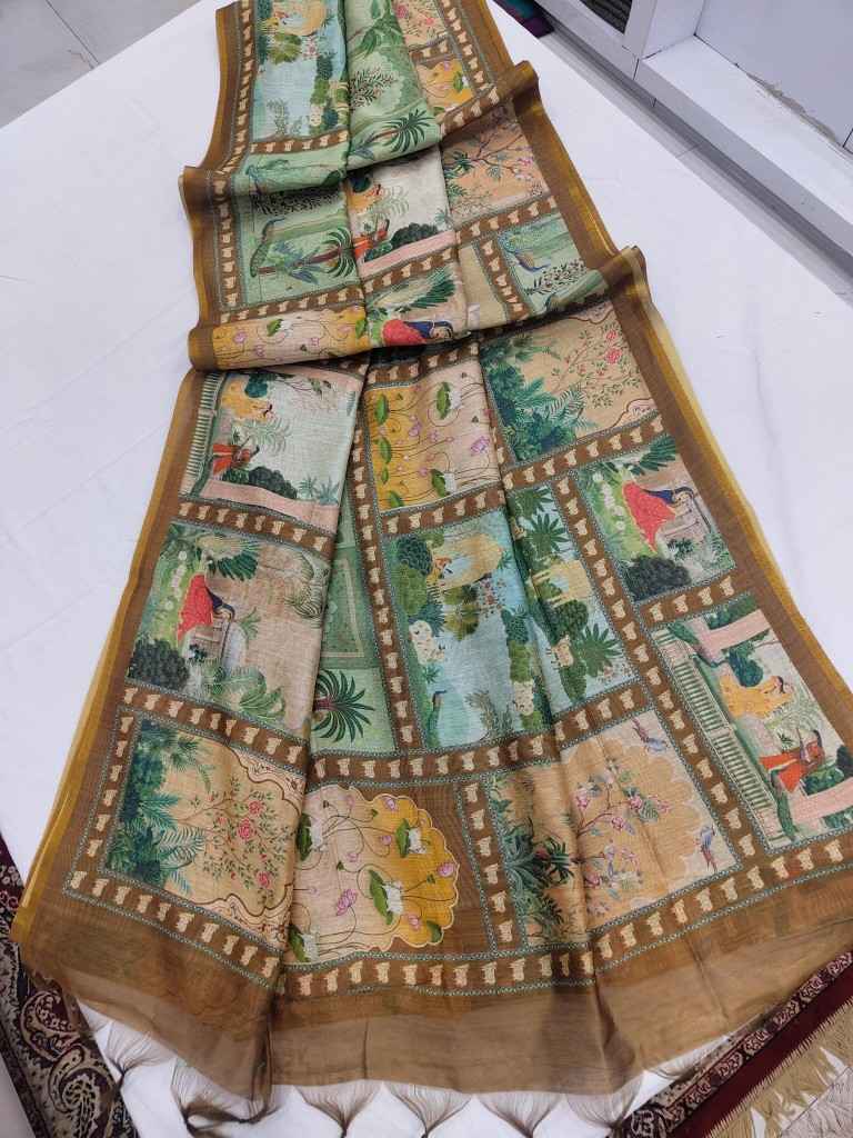 DHANWARI SILK WITH PICHWAI PRINTS ZARI BORDER SAREE AT WHOLESALE PRICE