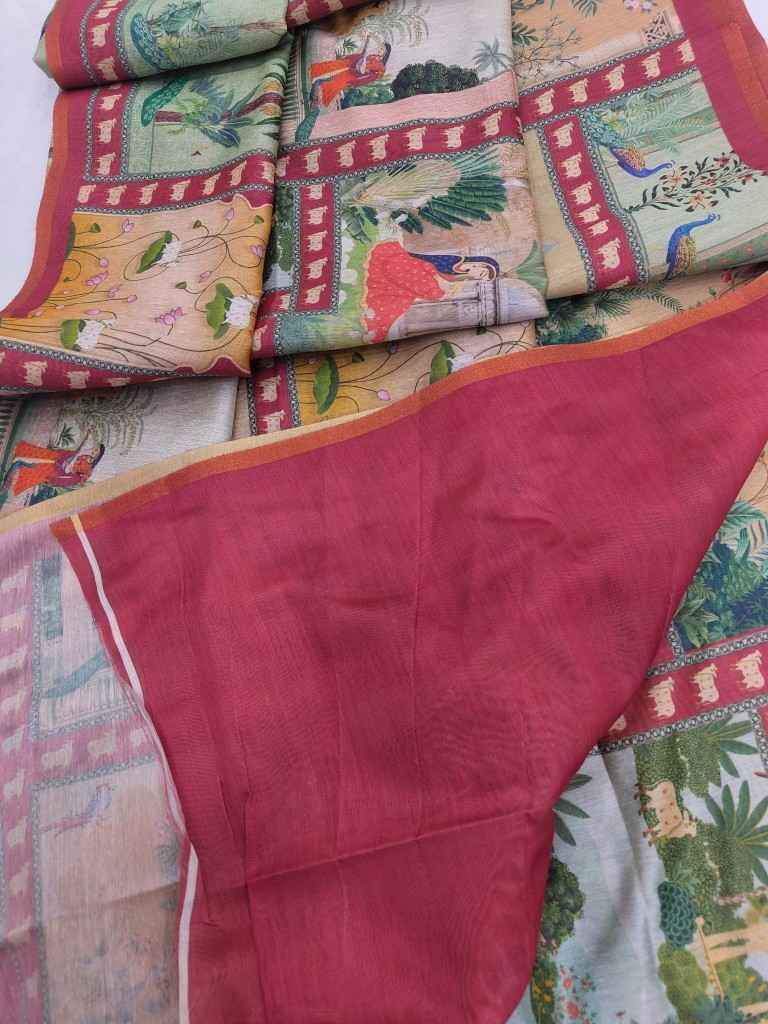 DHANWARI SILK WITH PICHWAI PRINTS ZARI BORDER SAREE AT WHOLESALE PRICE