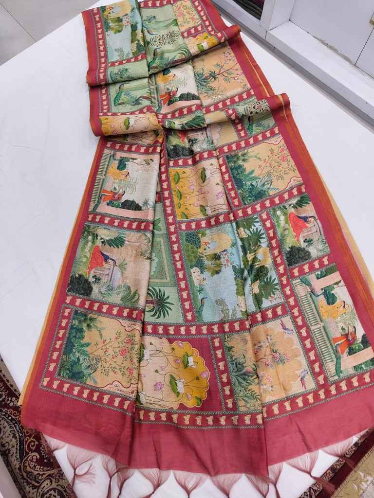 DHANWARI SILK WITH PICHWAI PRINTS ZARI BORDER SAREE AT WHOLESALE PRICE