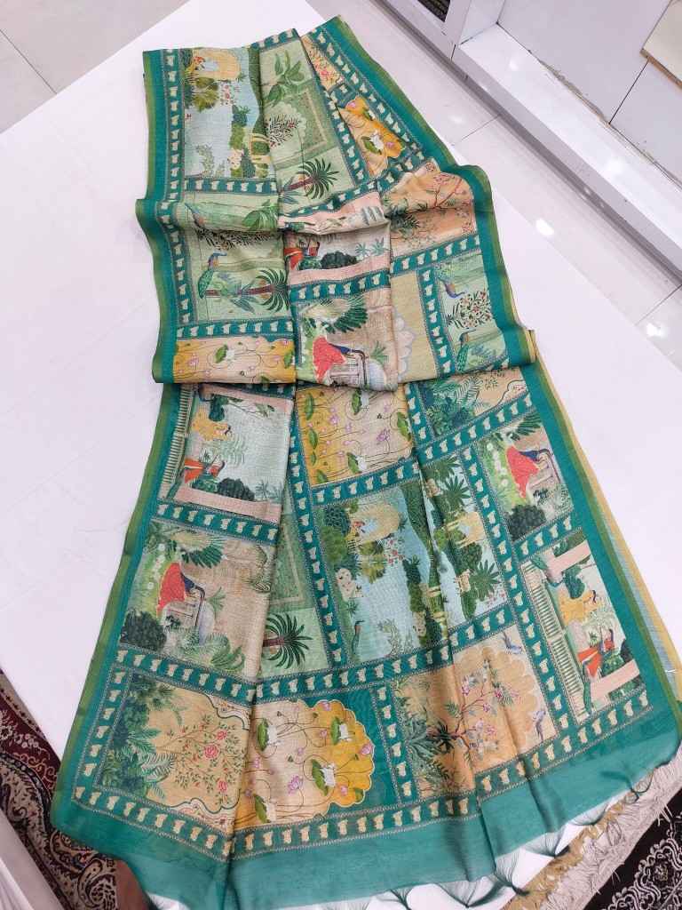 DHANWARI SILK WITH PICHWAI PRINTS ZARI BORDER SAREE AT WHOLESALE PRICE