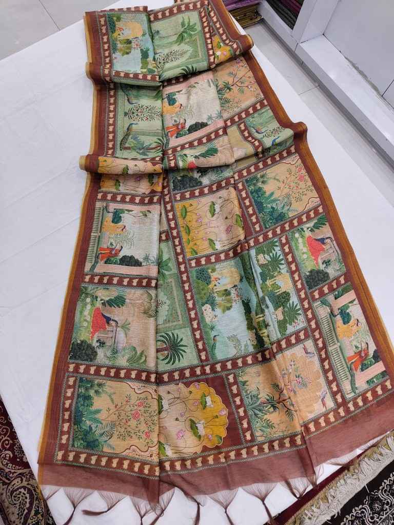 DHANWARI SILK WITH PICHWAI PRINTS ZARI BORDER SAREE AT WHOLESALE PRICE