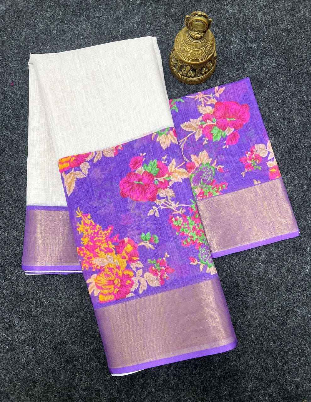 DIGITAL PRINT WITH GOLD ZARI LINEN SAREE AT WHOLESALE PRICE