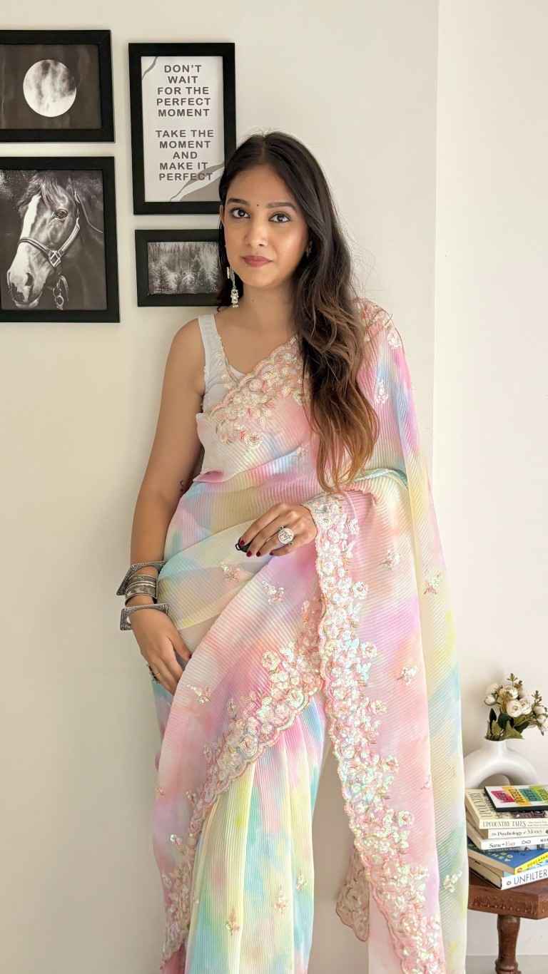 FAUX GEORGETTE CRUSH PATTERN SEQWANCE  WORK SAREE AT WHOLESALE PRICE