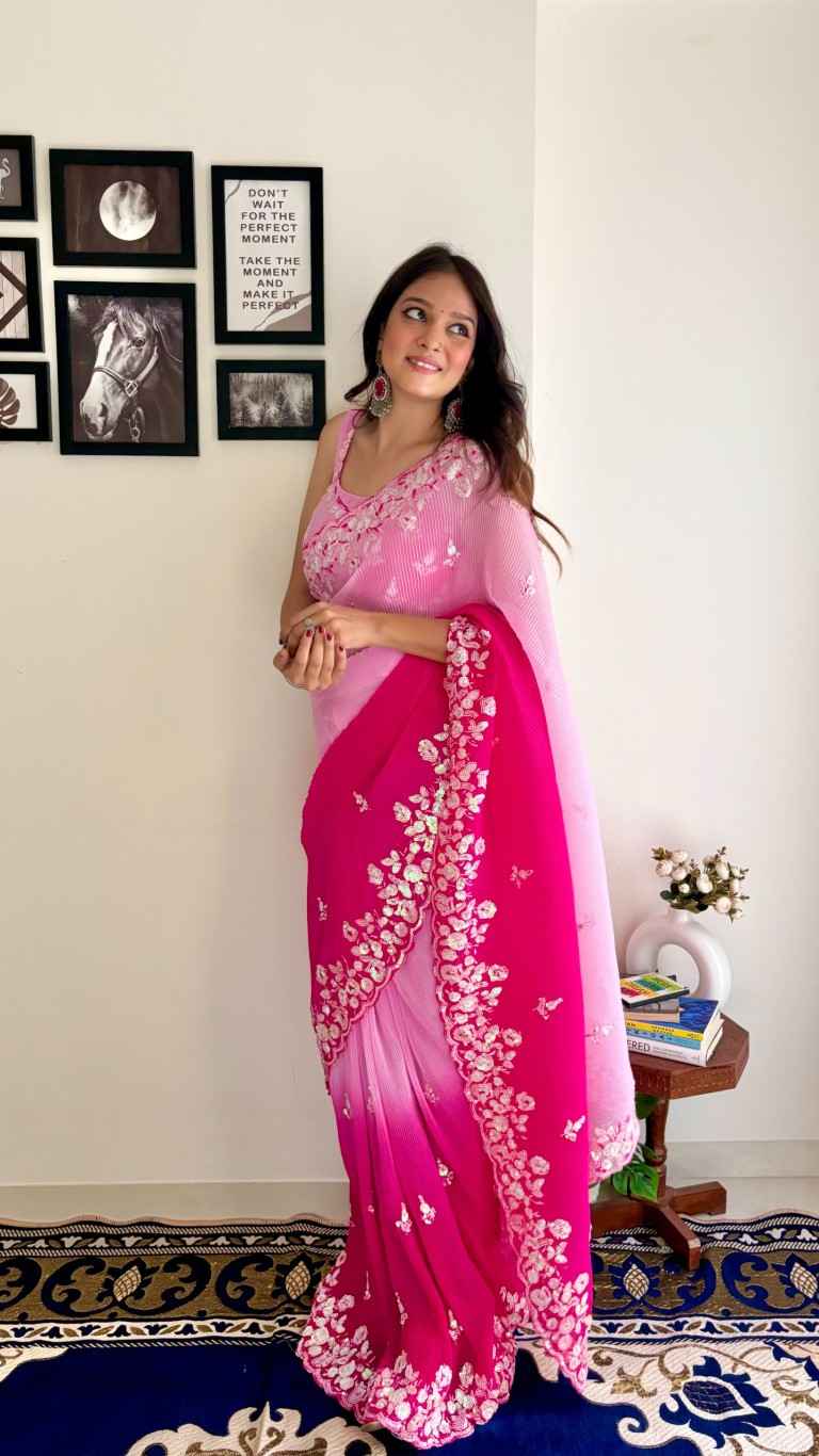 FAUX GEORGETTE CRUSH PATTERN SEQWANCE  WORK SAREE AT WHOLESALE PRICE