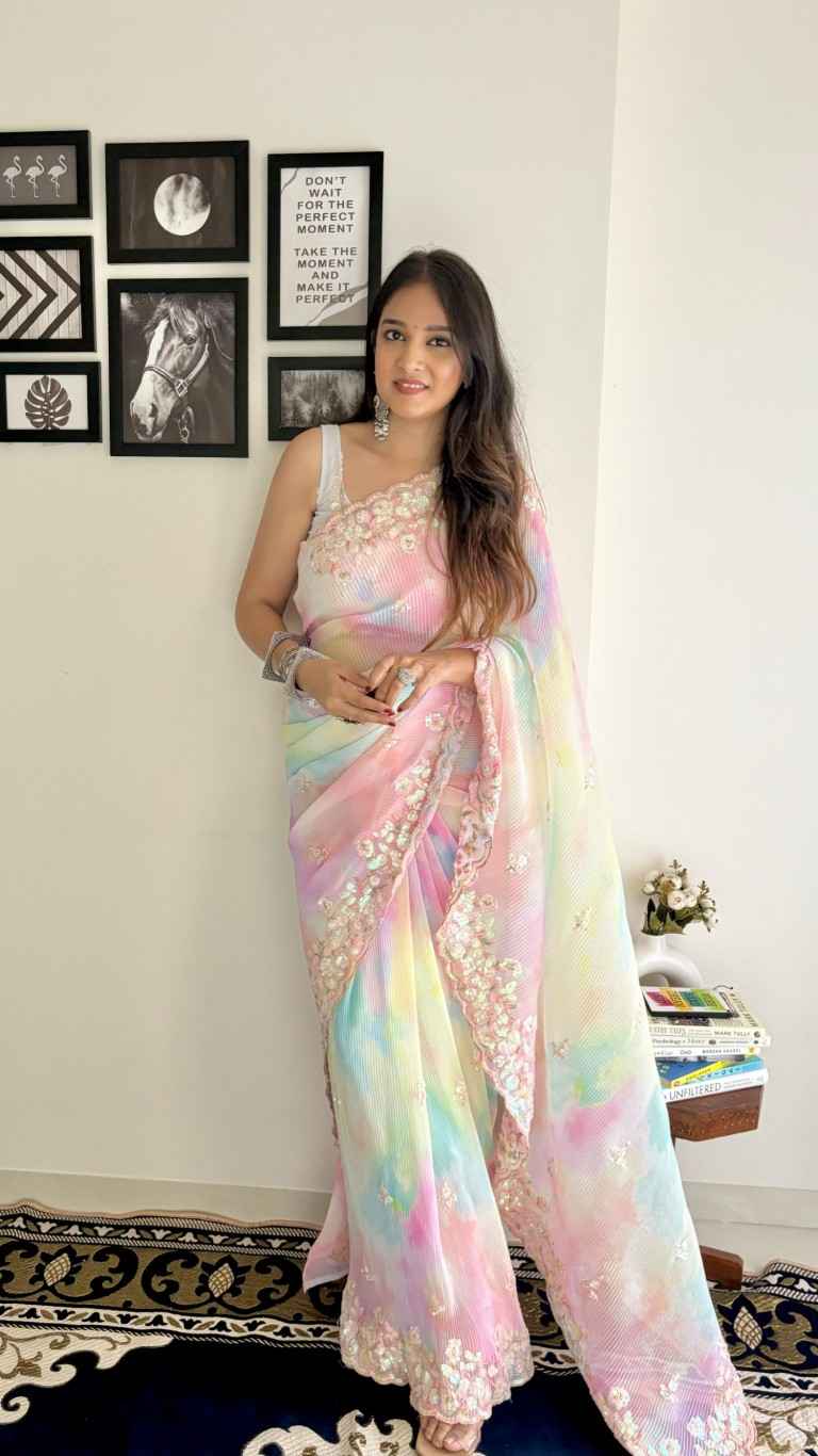 FAUX GEORGETTE CRUSH PATTERN SEQWANCE  WORK SAREE AT WHOLESALE PRICE
