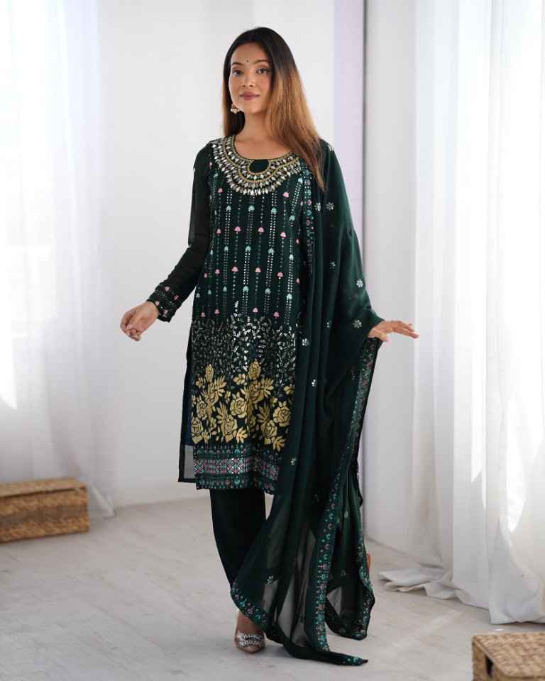 FAUX GEORGETTE THRED & SEQUNCE WORK KURTI PANT WITH DUPATTA AT WHOLESALE PRICE
