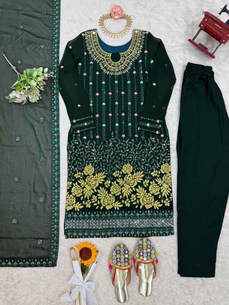FAUX GEORGETTE THRED & SEQUNCE WORK KURTI PANT WITH DUPATTA AT WHOLESALE PRICE