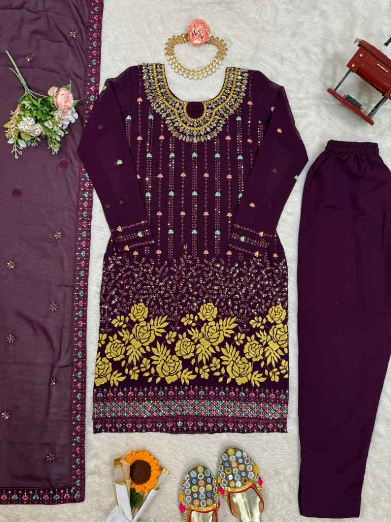 FAUX GEORGETTE THRED & SEQUNCE WORK KURTI PANT WITH DUPATTA AT WHOLESALE PRICE