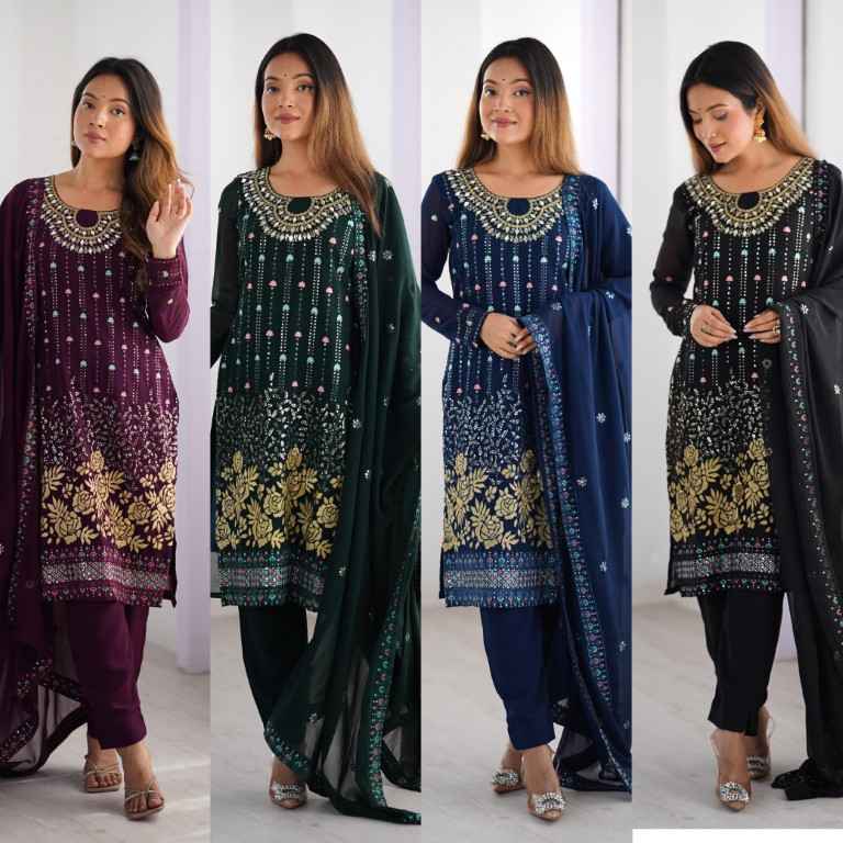 FAUX GEORGETTE THRED & SEQUNCE WORK KURTI PANT WITH DUPATTA AT WHOLESALE PRICE