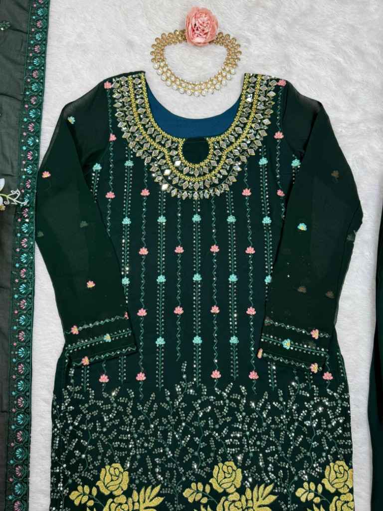 FAUX GEORGETTE THRED & SEQUNCE WORK KURTI PANT WITH DUPATTA AT WHOLESALE PRICE