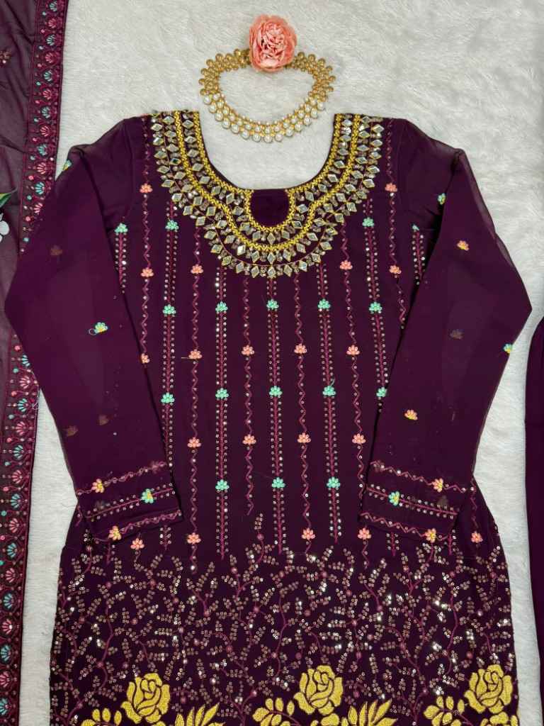 FAUX GEORGETTE THRED & SEQUNCE WORK KURTI PANT WITH DUPATTA AT WHOLESALE PRICE
