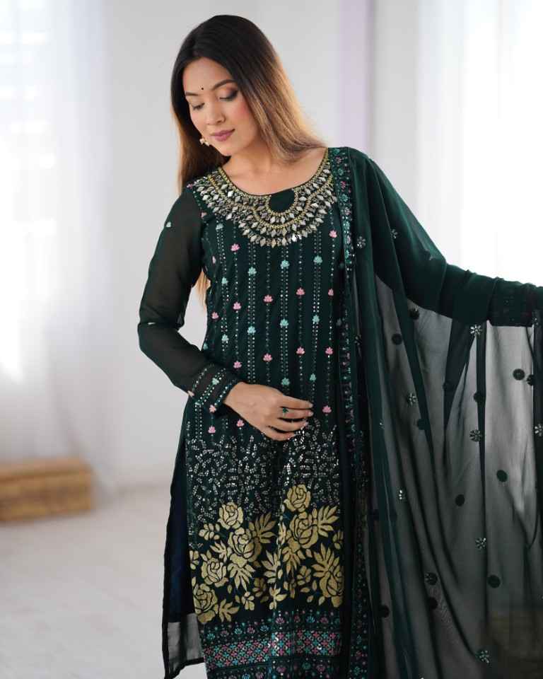 FAUX GEORGETTE THRED & SEQUNCE WORK KURTI PANT WITH DUPATTA AT WHOLESALE PRICE