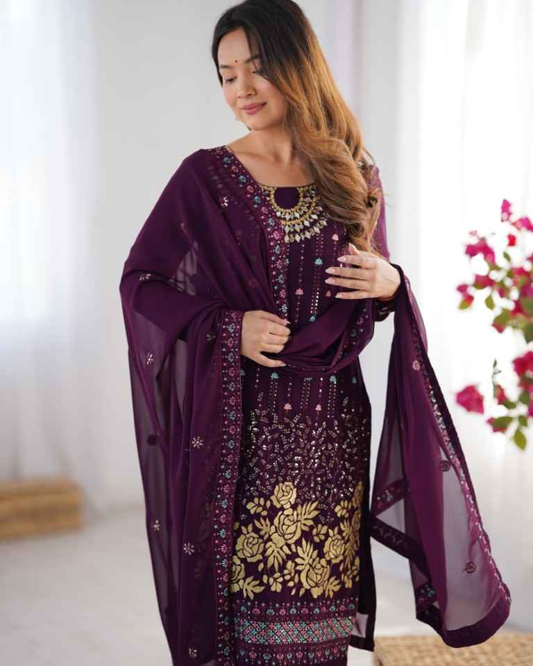 FAUX GEORGETTE THRED & SEQUNCE WORK KURTI PANT WITH DUPATTA AT WHOLESALE PRICE