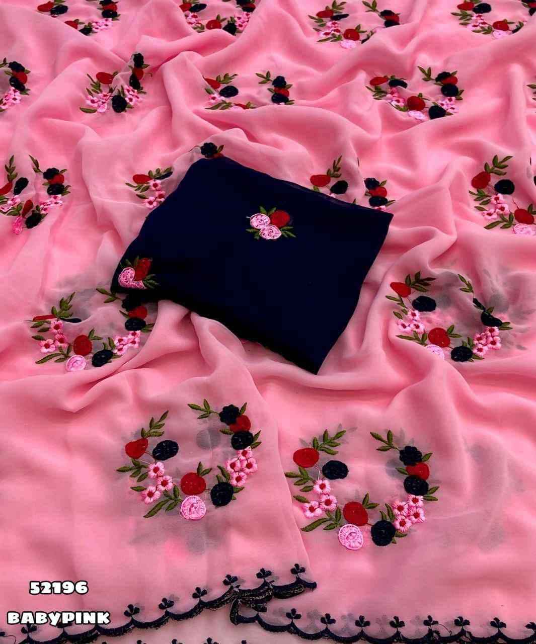 GEORGETTE EMBROIDERY WORK BUTTA WITH SCALLOPED BORDER SAREE AT WHOLESALE PRICE