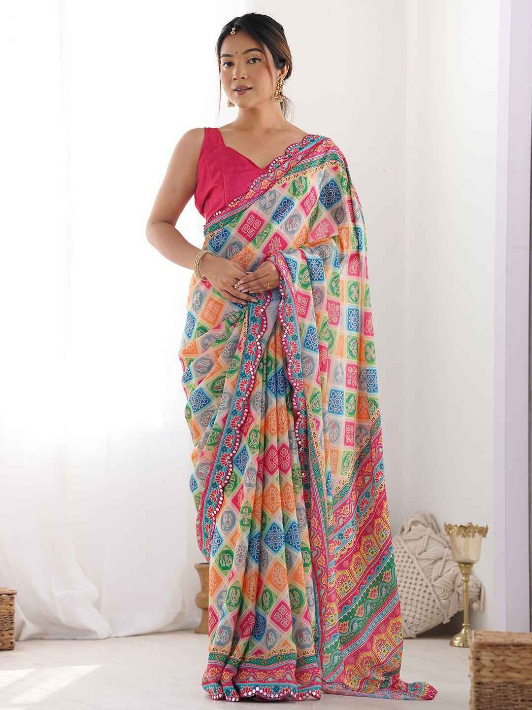  GEORGETTE SILK DIGITAL PRINT  MIRROR WORK BORDER SAREE AT WHOLESALE PRICE