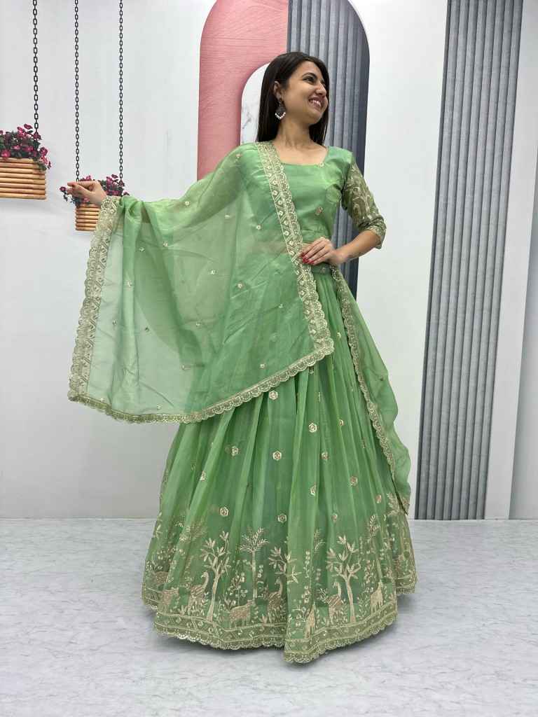 GOLD CRUSH EMBROIDERY THREAD & SEQUENCE WORK LEHENGA CHOLI AT WHOLESALE PRICE
