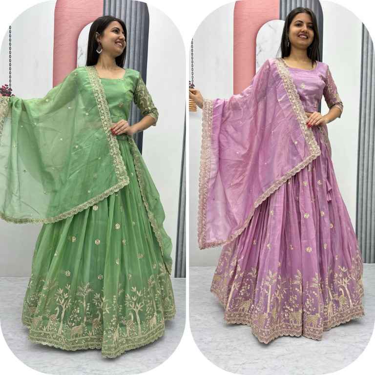 GOLD CRUSH EMBROIDERY THREAD & SEQUENCE WORK LEHENGA CHOLI AT WHOLESALE PRICE