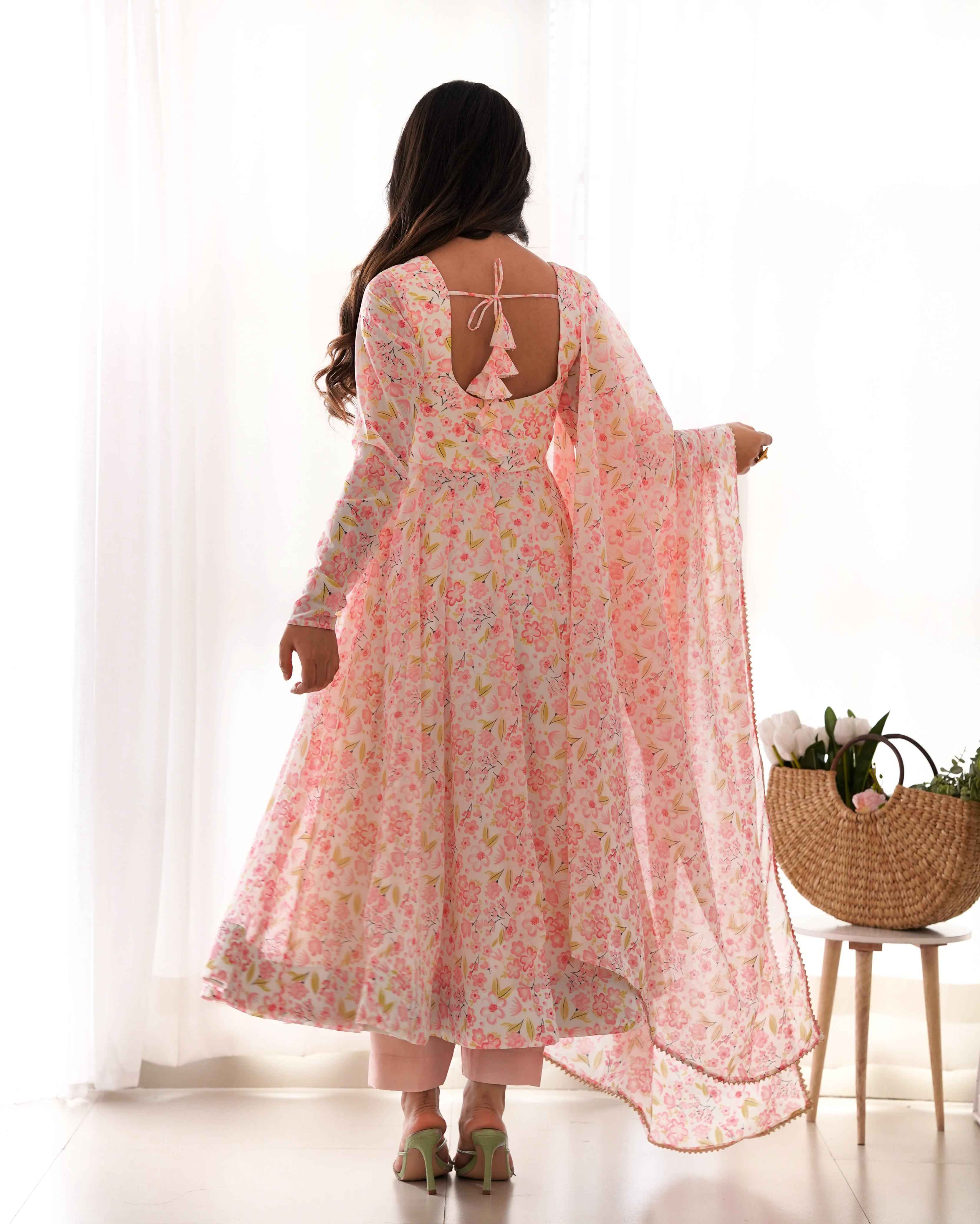 HEAVY ORANGE CHIFFON FLORAL PRINT ANARKALI SUIT AT WHOLESALE PRICE