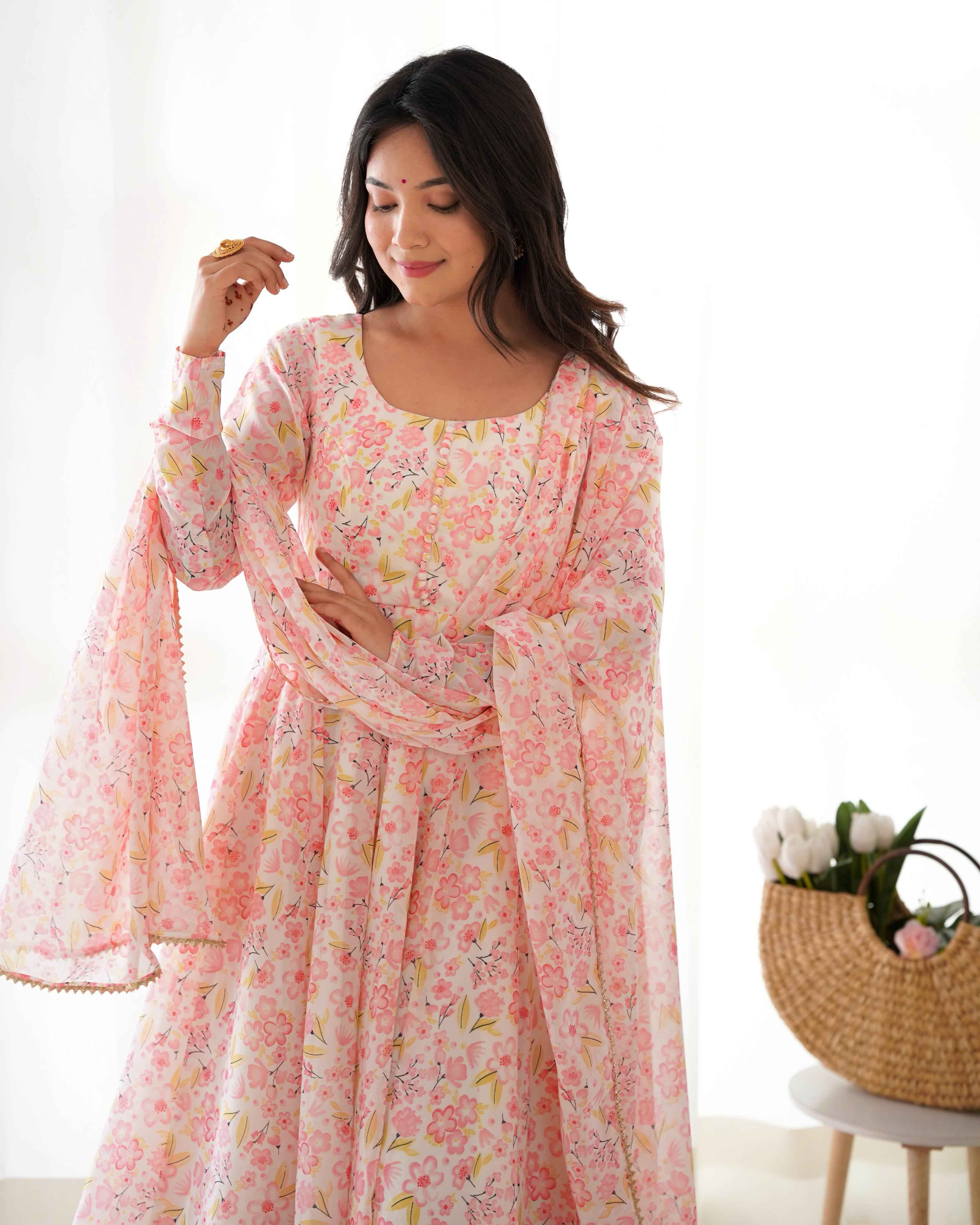 HEAVY ORANGE CHIFFON FLORAL PRINT ANARKALI SUIT AT WHOLESALE PRICE