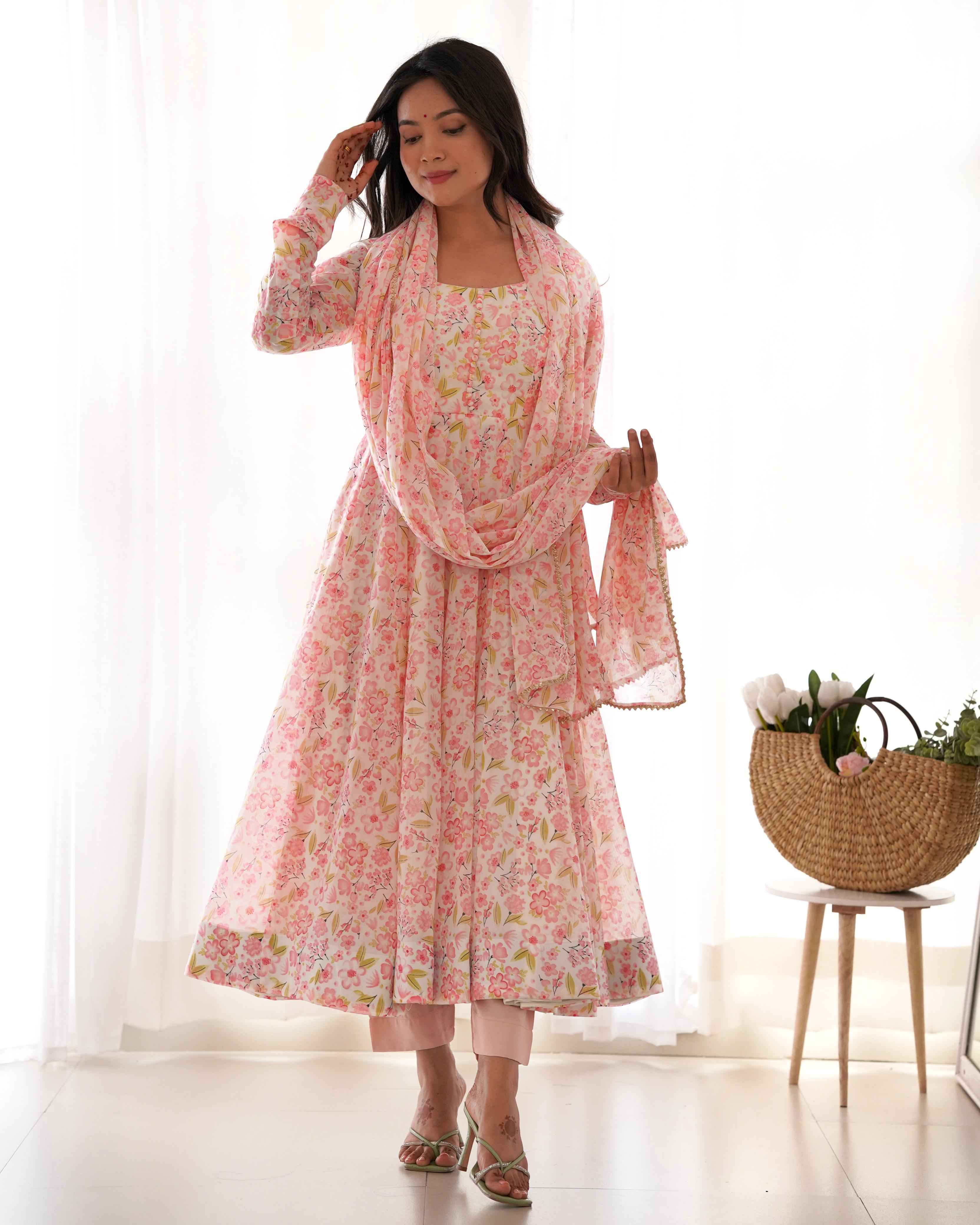 HEAVY ORANGE CHIFFON FLORAL PRINT ANARKALI SUIT AT WHOLESALE PRICE