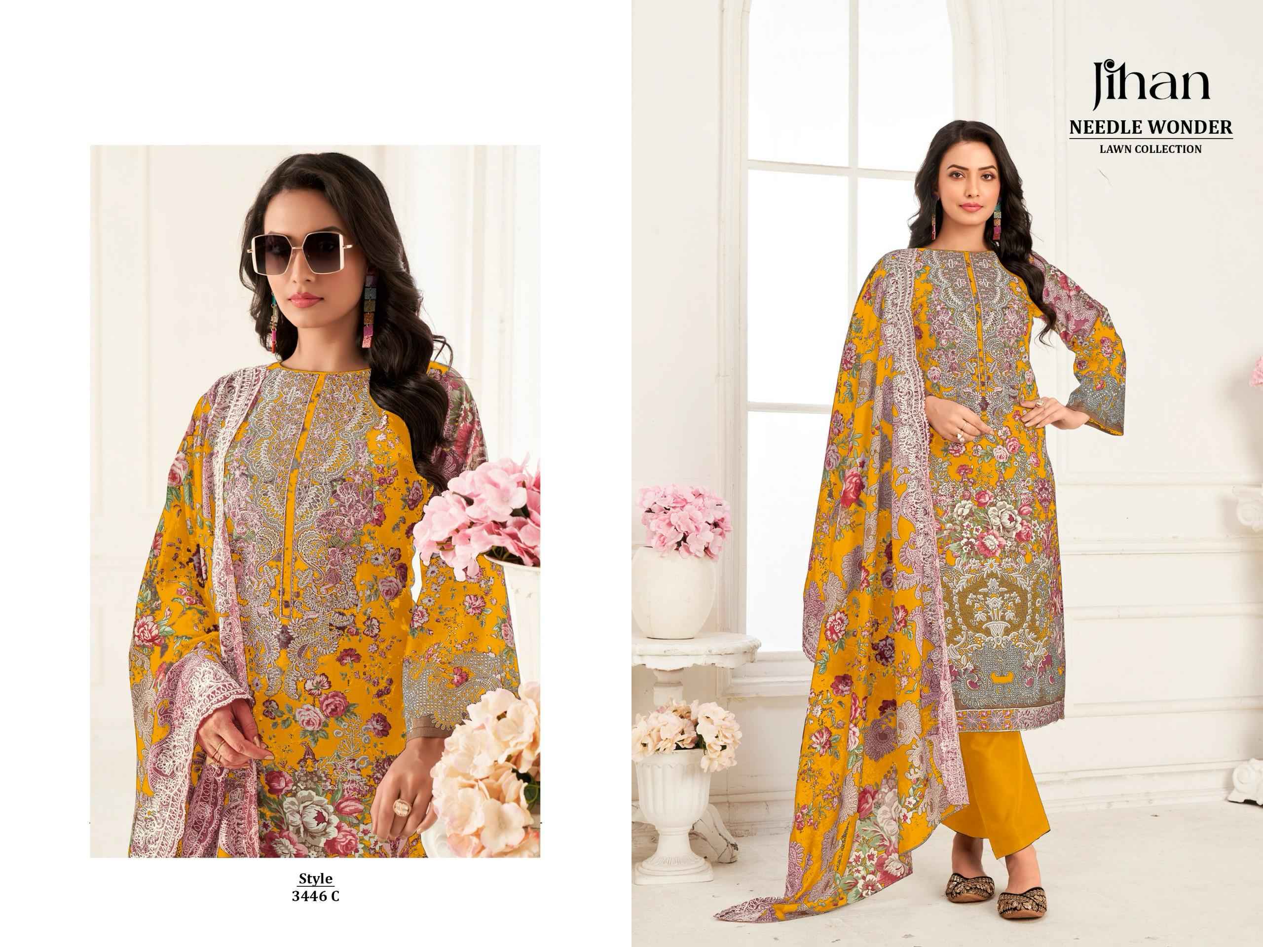 JIHAN NEEDLE WONDER LAWN COLLECTION VOL-4 D NO 3446 PURE COTTON DRESS MATERIAL AT WHOLESALE PRICE