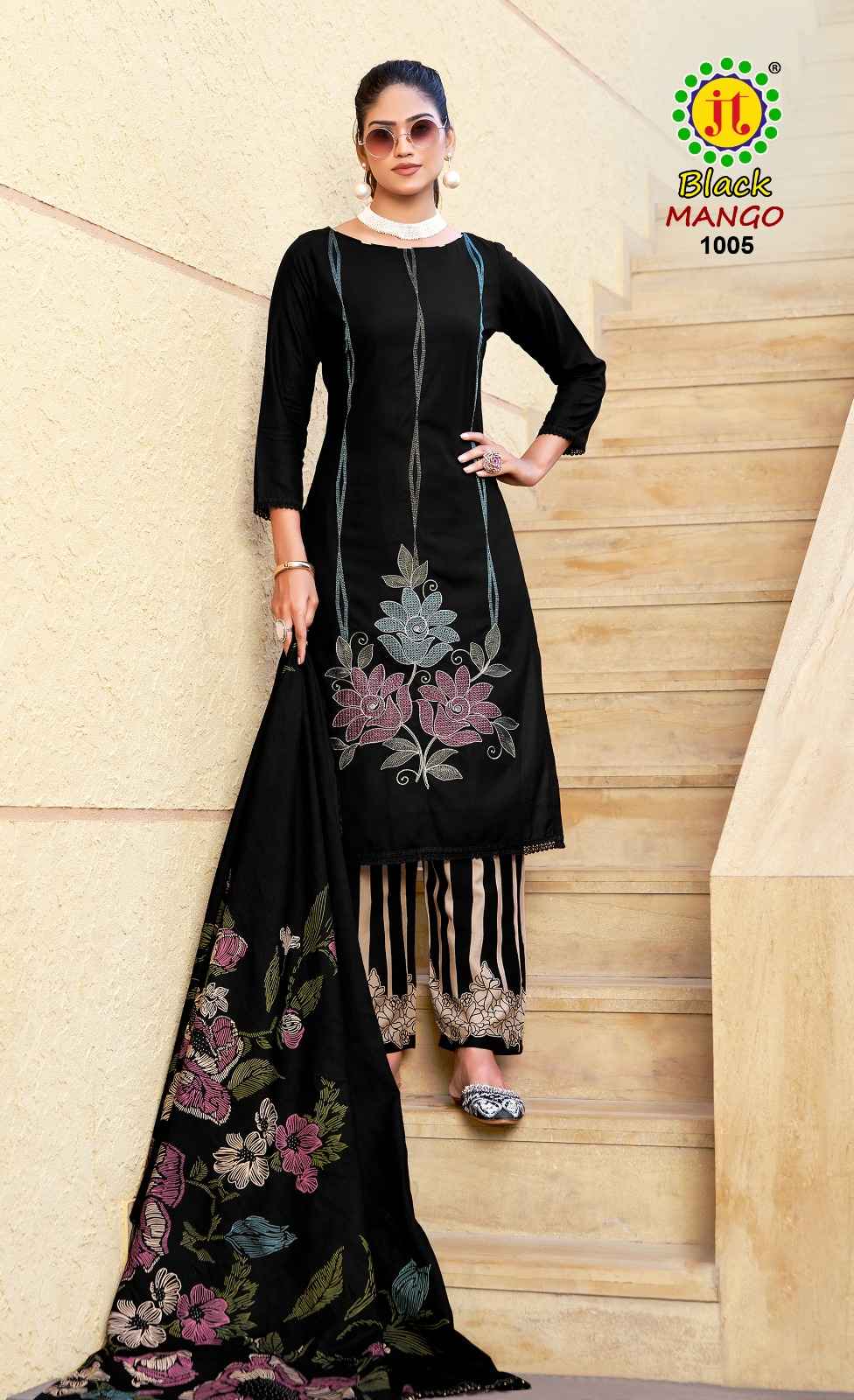 JT BLACK MANGO RAYON WITH CODING WORK AND DAMAN LACE DRESS MATERIAL AT WHOLESALE PRICE