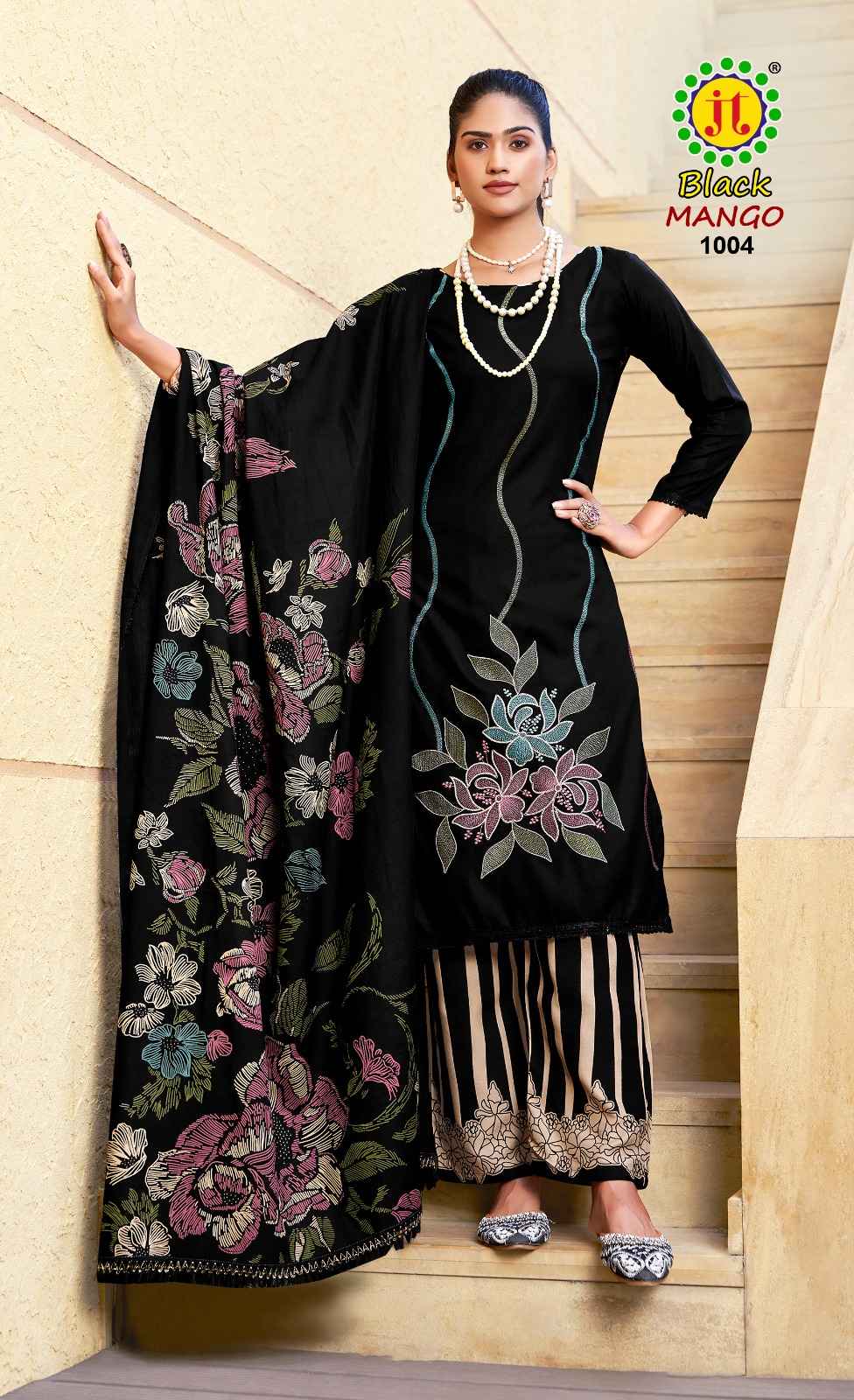 JT BLACK MANGO RAYON WITH CODING WORK AND DAMAN LACE DRESS MATERIAL AT WHOLESALE PRICE