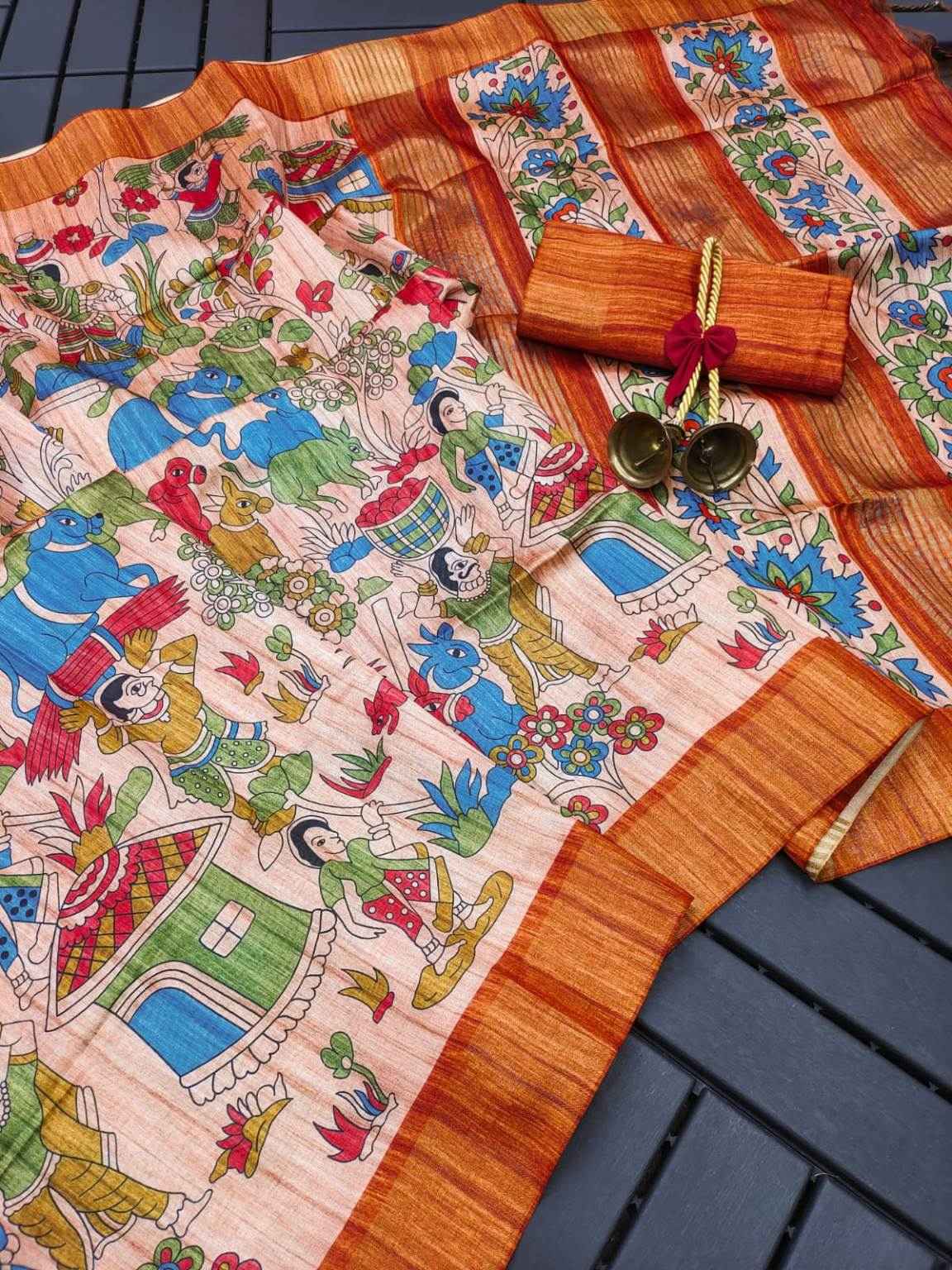 KALAMKARI SOFT TUSSAR SILK ZARI LINNING PALLU SAREE AT WHOLESALE PRICE