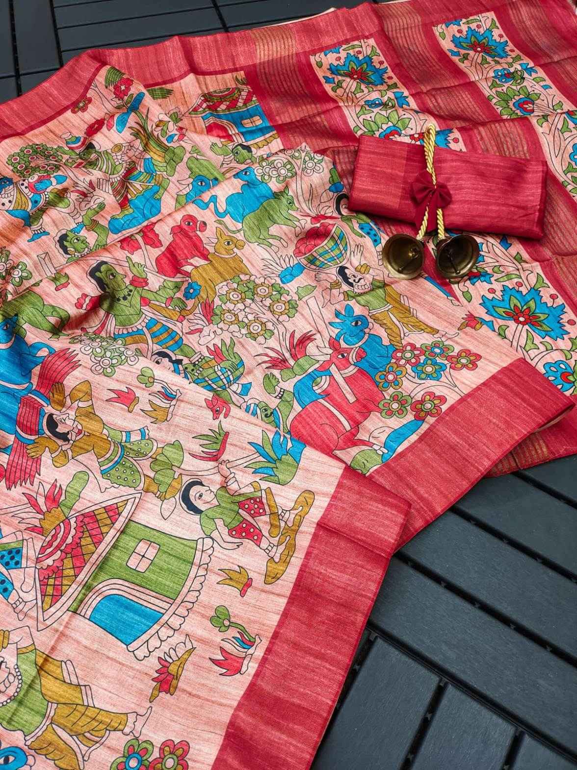 KALAMKARI SOFT TUSSAR SILK ZARI LINNING PALLU SAREE AT WHOLESALE PRICE