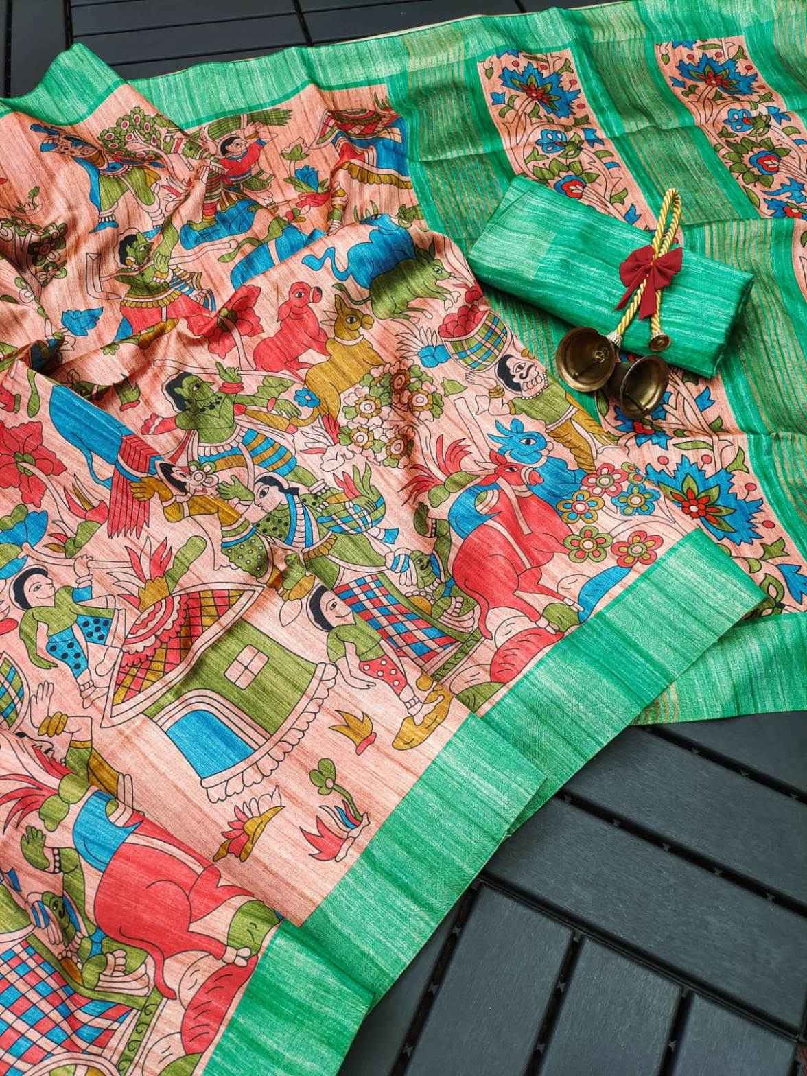 KALAMKARI SOFT TUSSAR SILK ZARI LINNING PALLU SAREE AT WHOLESALE PRICE