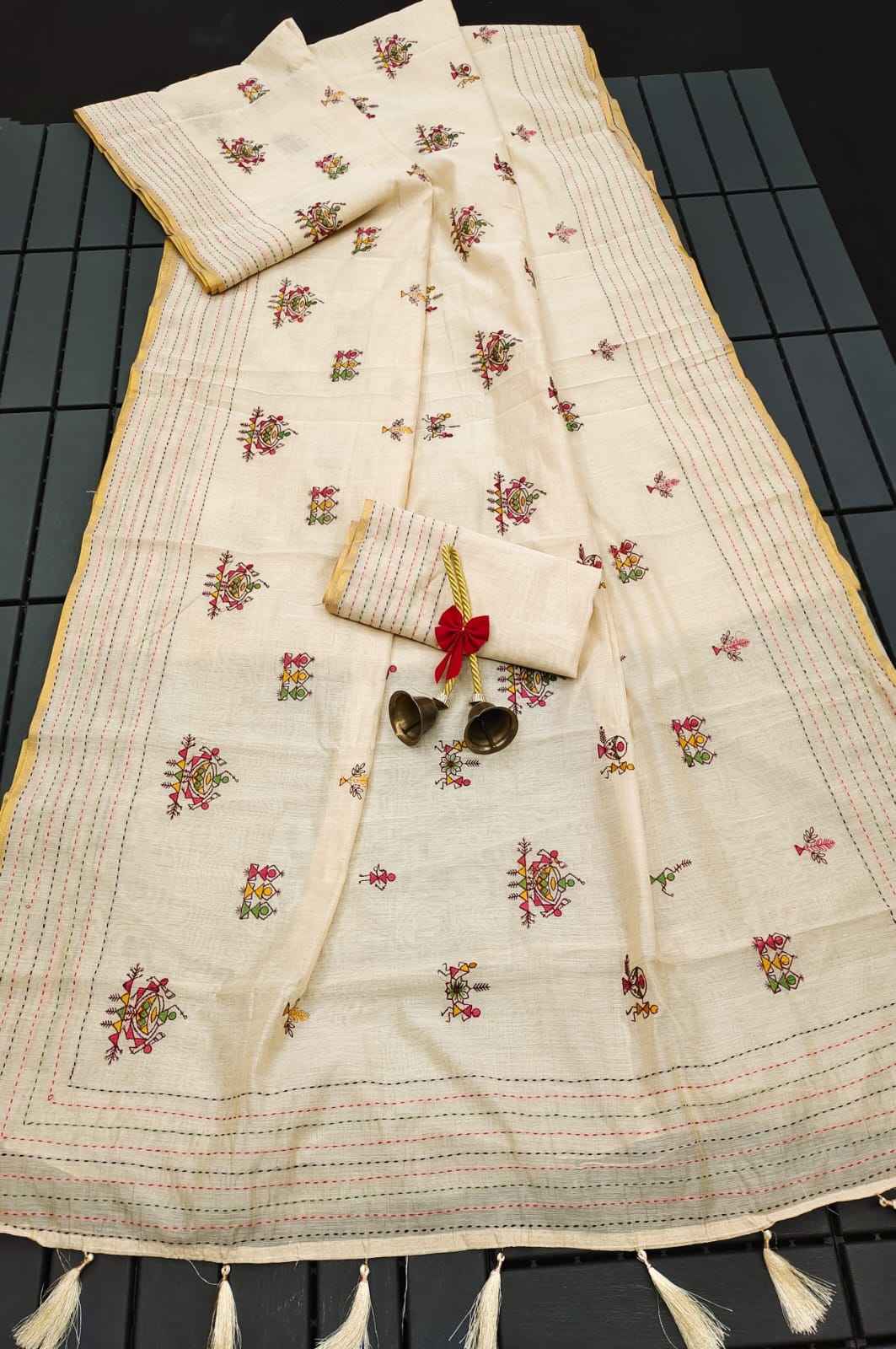 KHADI TUSSAR SILK TRADITIONAL MULTI COLOR THREAD WORK SAREE AT WHOLESALE PRICE